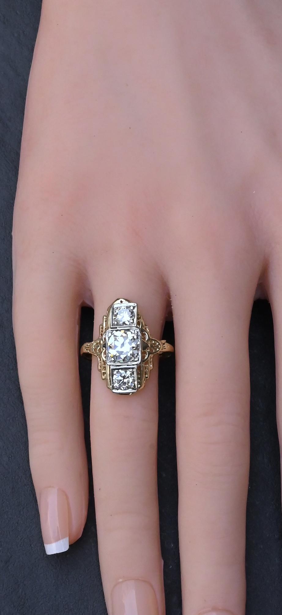 GIA Certified 14K Gold Art Deco Three-Stone Diamond Engagement Ring 2.00 TCW
