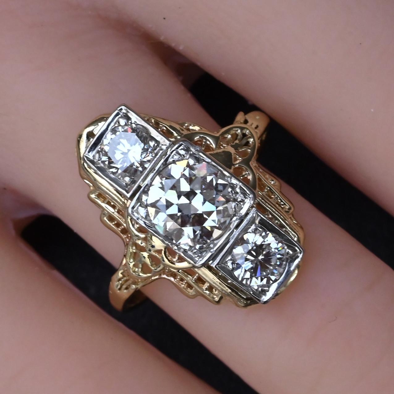 GIA Certified 14K Gold Art Deco Three-Stone Diamond Engagement Ring 2.00 TCW