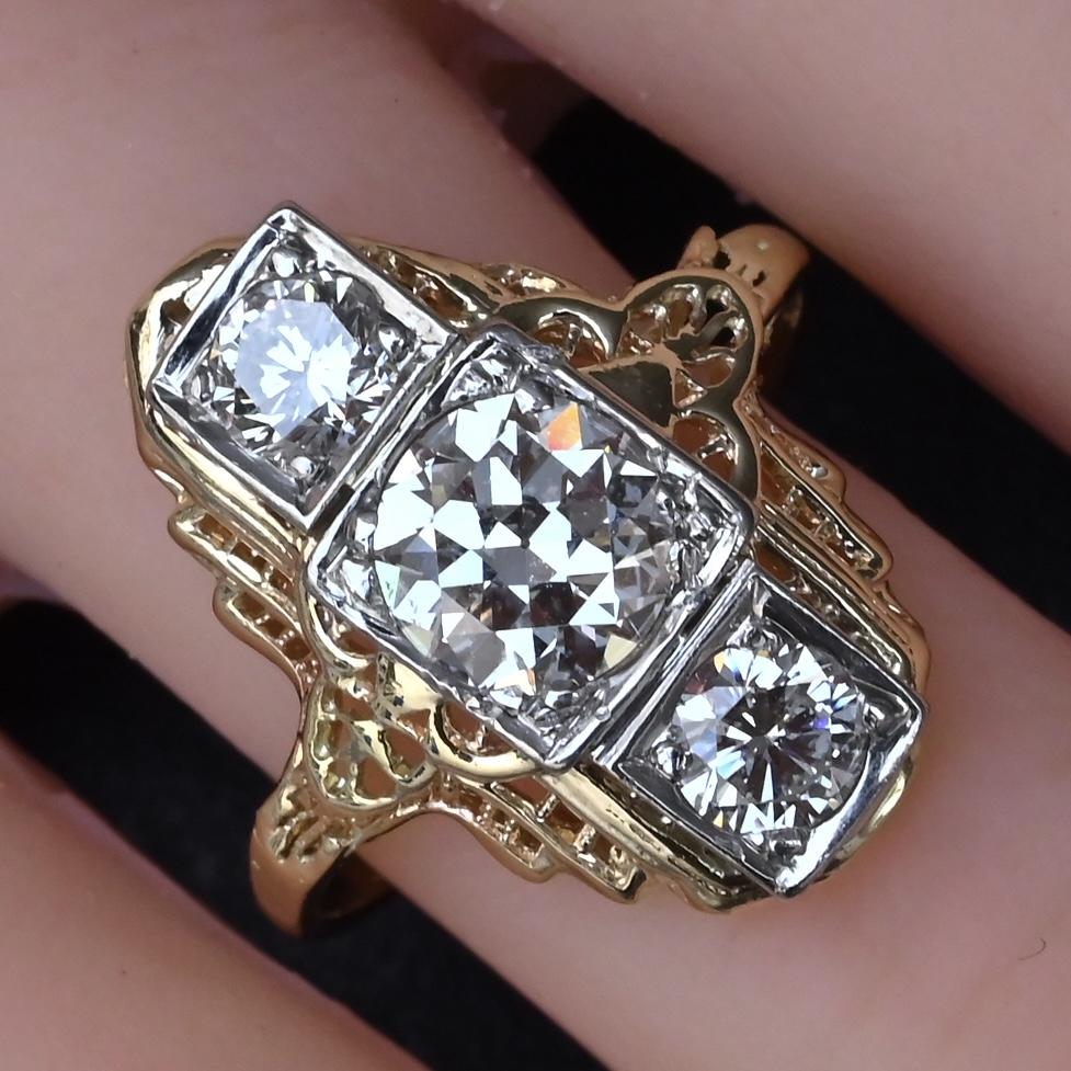 GIA Certified 14K Gold Art Deco Three-Stone Diamond Engagement Ring 2.00 TCW
