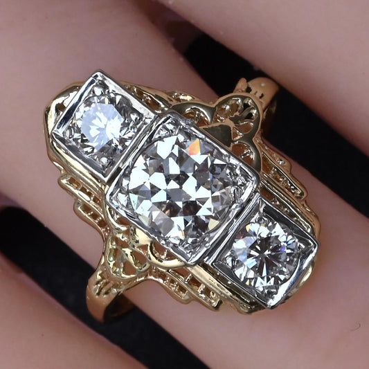 GIA Certified 14K Gold Art Deco Three-Stone Diamond Engagement Ring 2.00 TCW