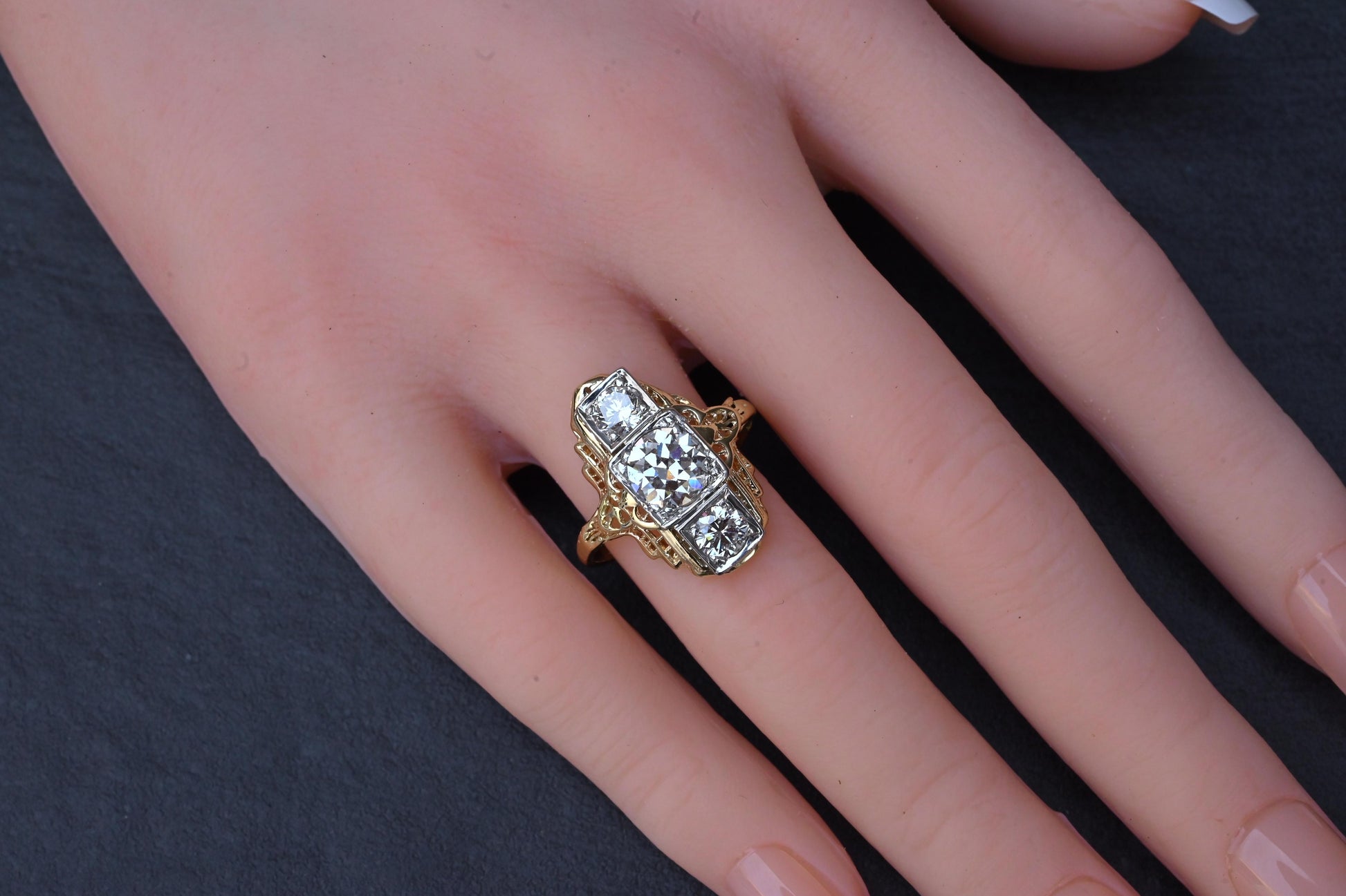 GIA Certified 14K Gold Art Deco Three-Stone Diamond Engagement Ring 2.00 TCW