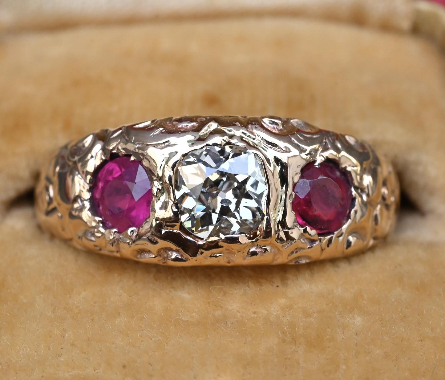 Vintage Art Deco 14K Gold Antique Cut Diamond & Natural Ruby Gypsy Ring Size 7