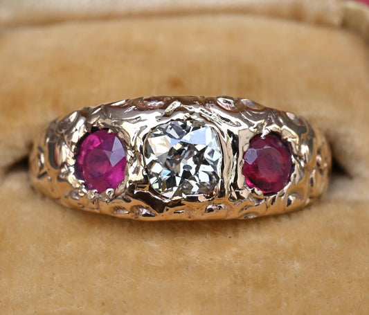 Vintage Art Deco 14K Gold Antique Cut Diamond & Natural Ruby Gypsy Ring Size 7
