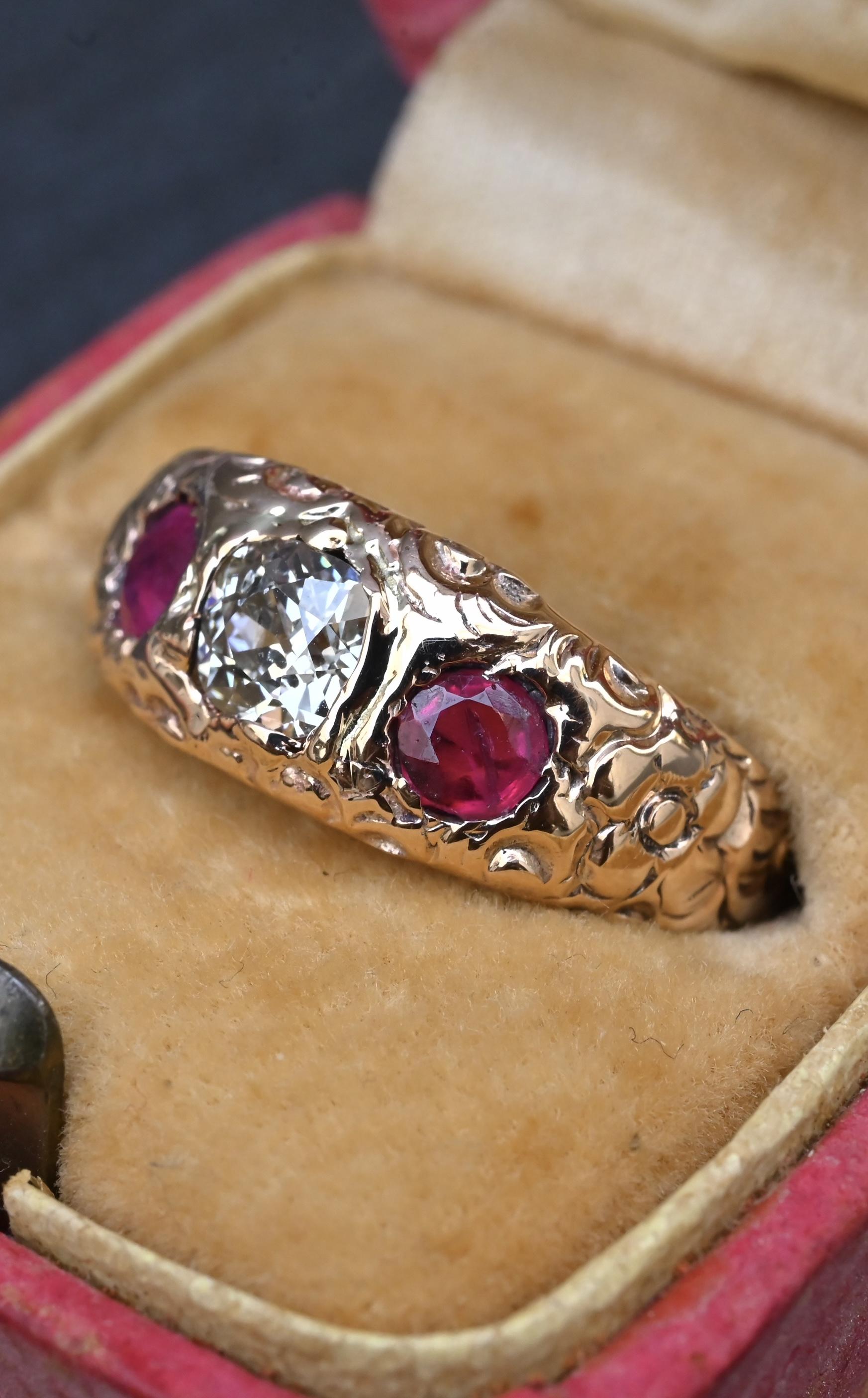 Vintage Art Deco 14K Gold Antique Cut Diamond & Natural Ruby Gypsy Ring Size 7