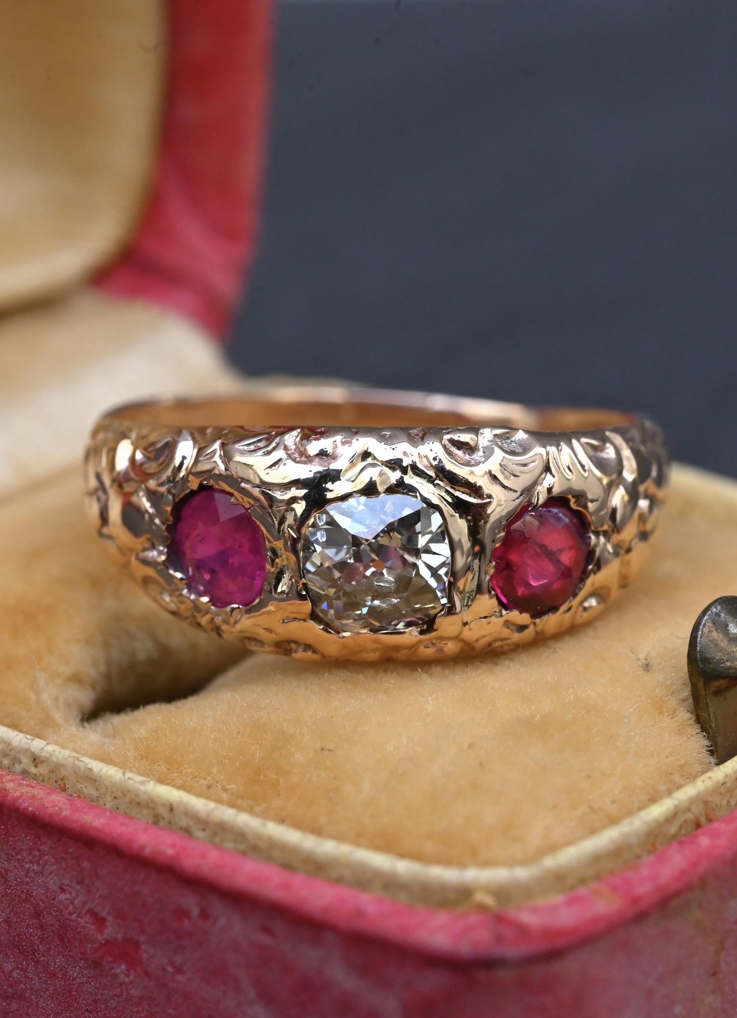 Vintage Art Deco 14K Gold Antique Cut Diamond & Natural Ruby Gypsy Ring Size 7