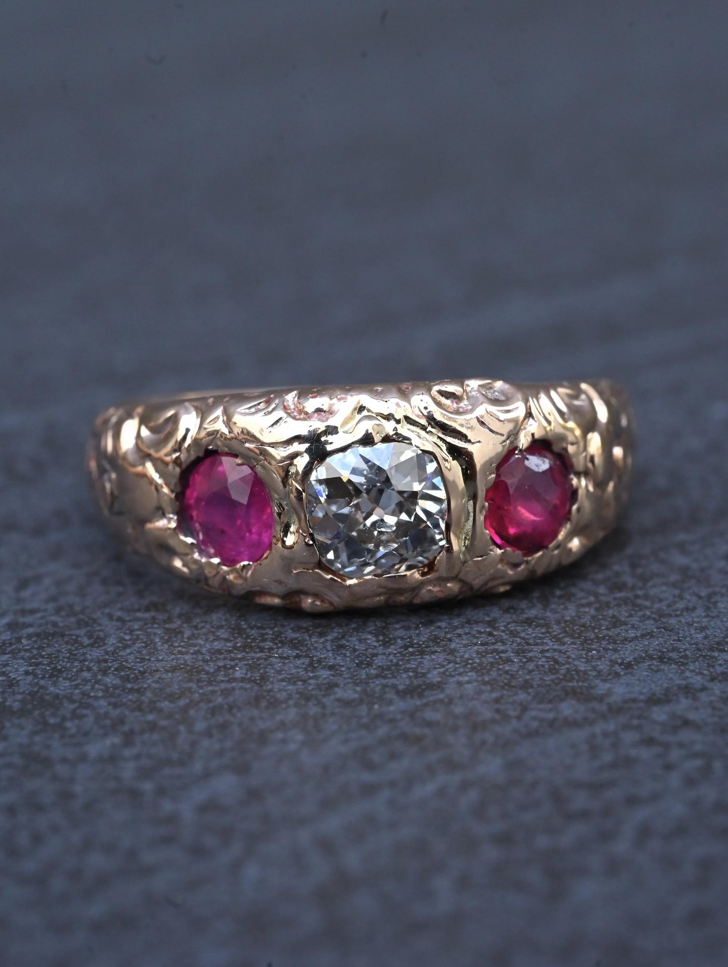 Vintage Art Deco 14K Gold Antique Cut Diamond & Natural Ruby Gypsy Ring Size 7