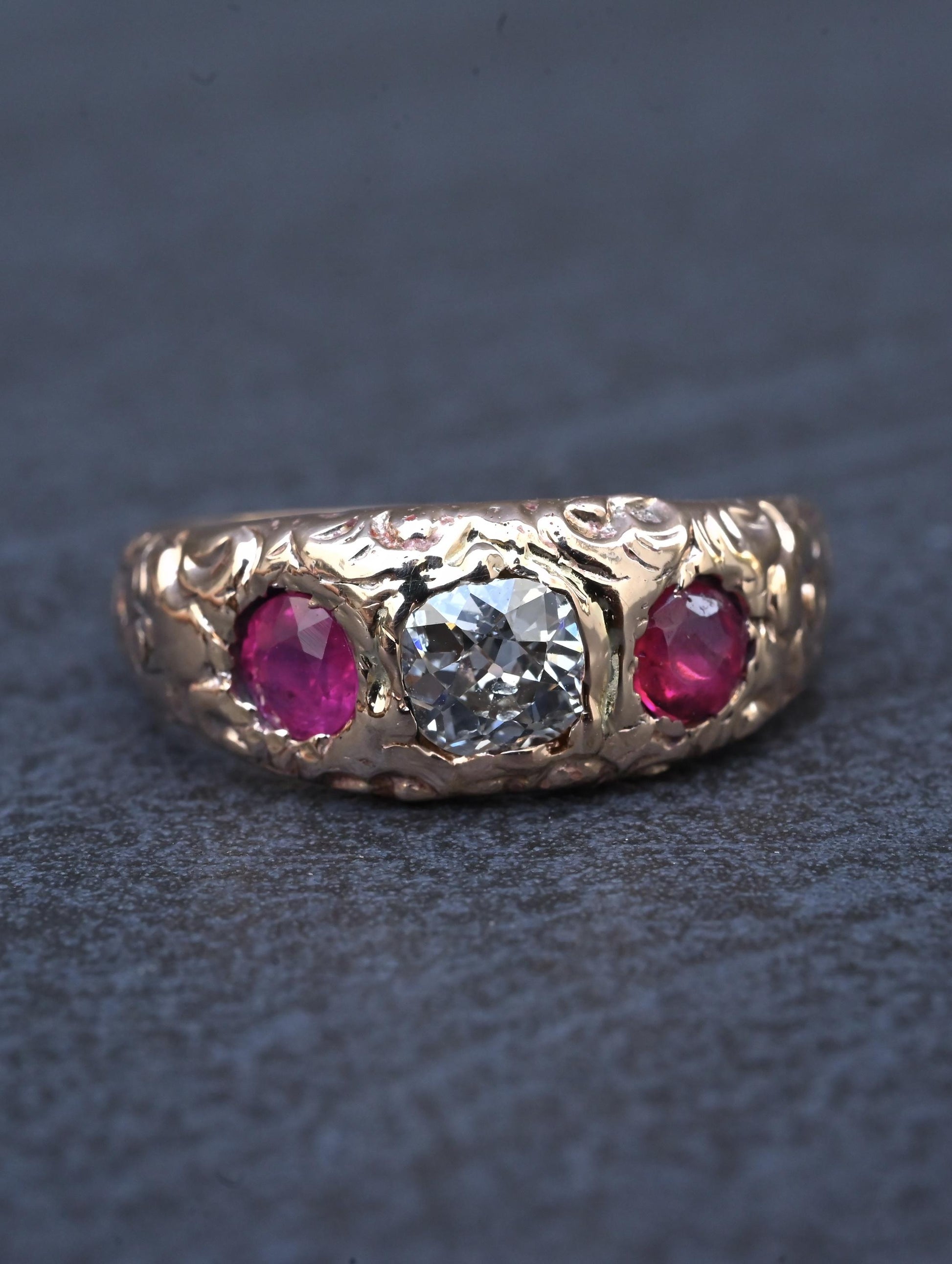 Vintage Art Deco 14K Gold Antique Cut Diamond & Natural Ruby Gypsy Ring Size 7