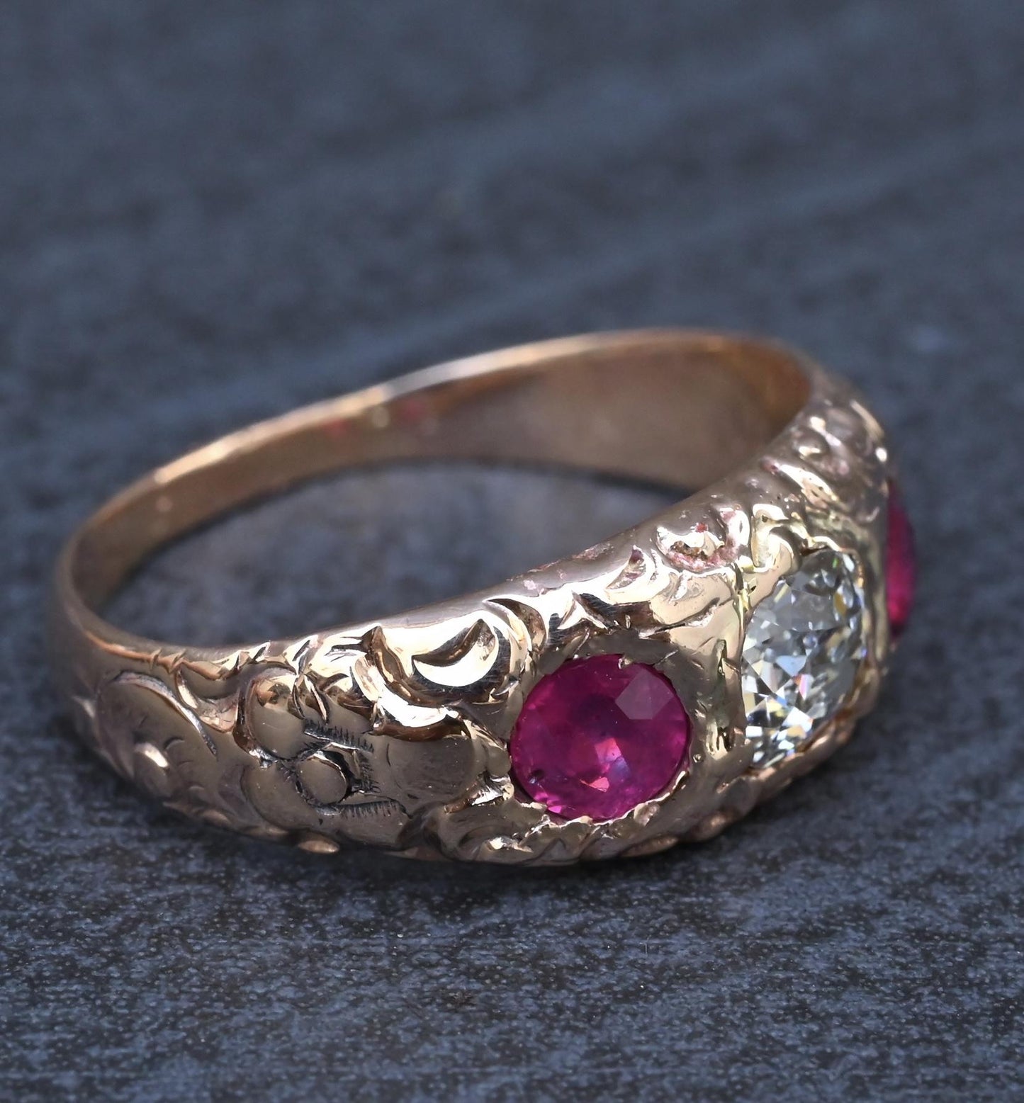 Vintage Art Deco 14K Gold Antique Cut Diamond & Natural Ruby Gypsy Ring Size 7