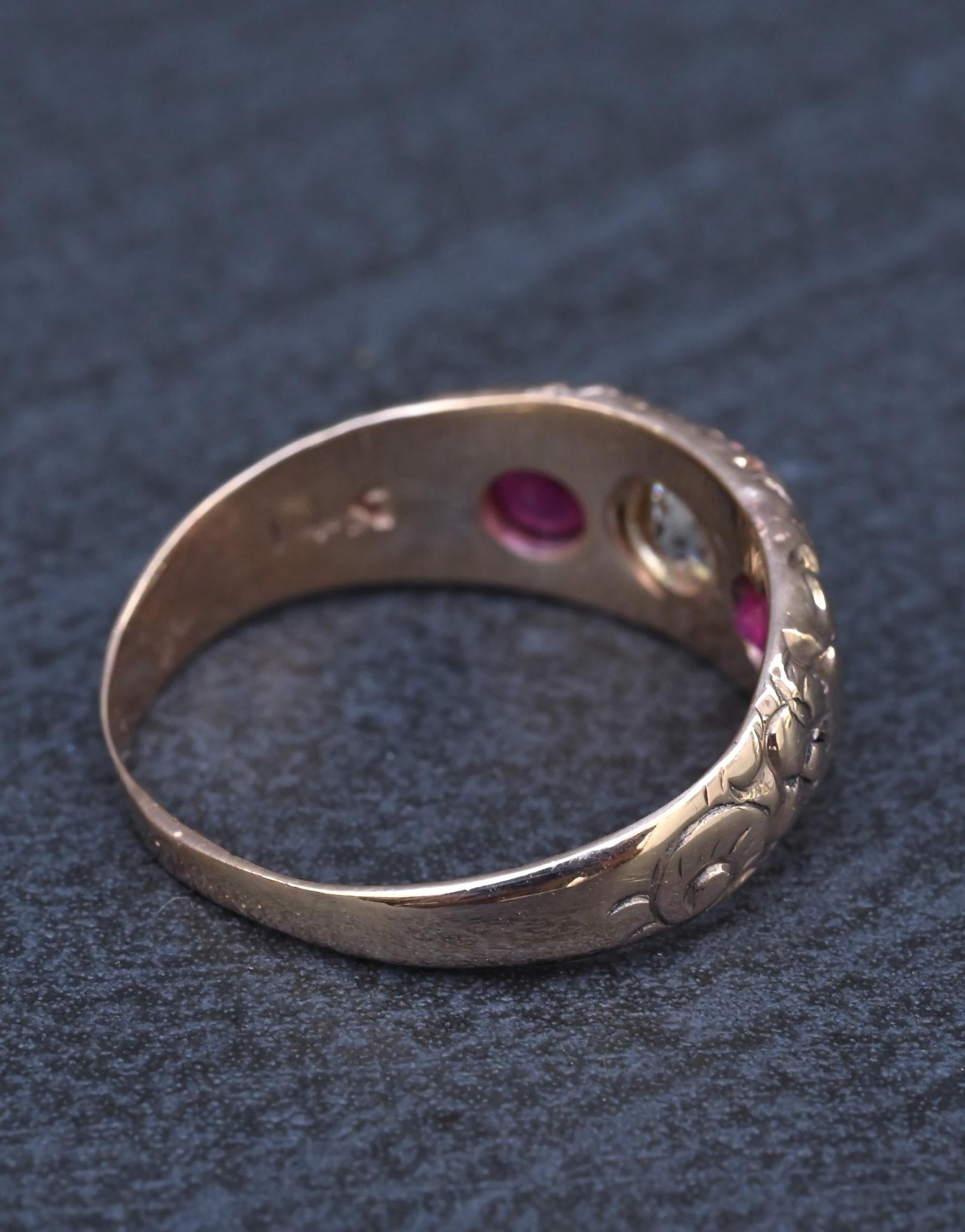 Vintage Art Deco 14K Gold Antique Cut Diamond & Natural Ruby Gypsy Ring Size 7