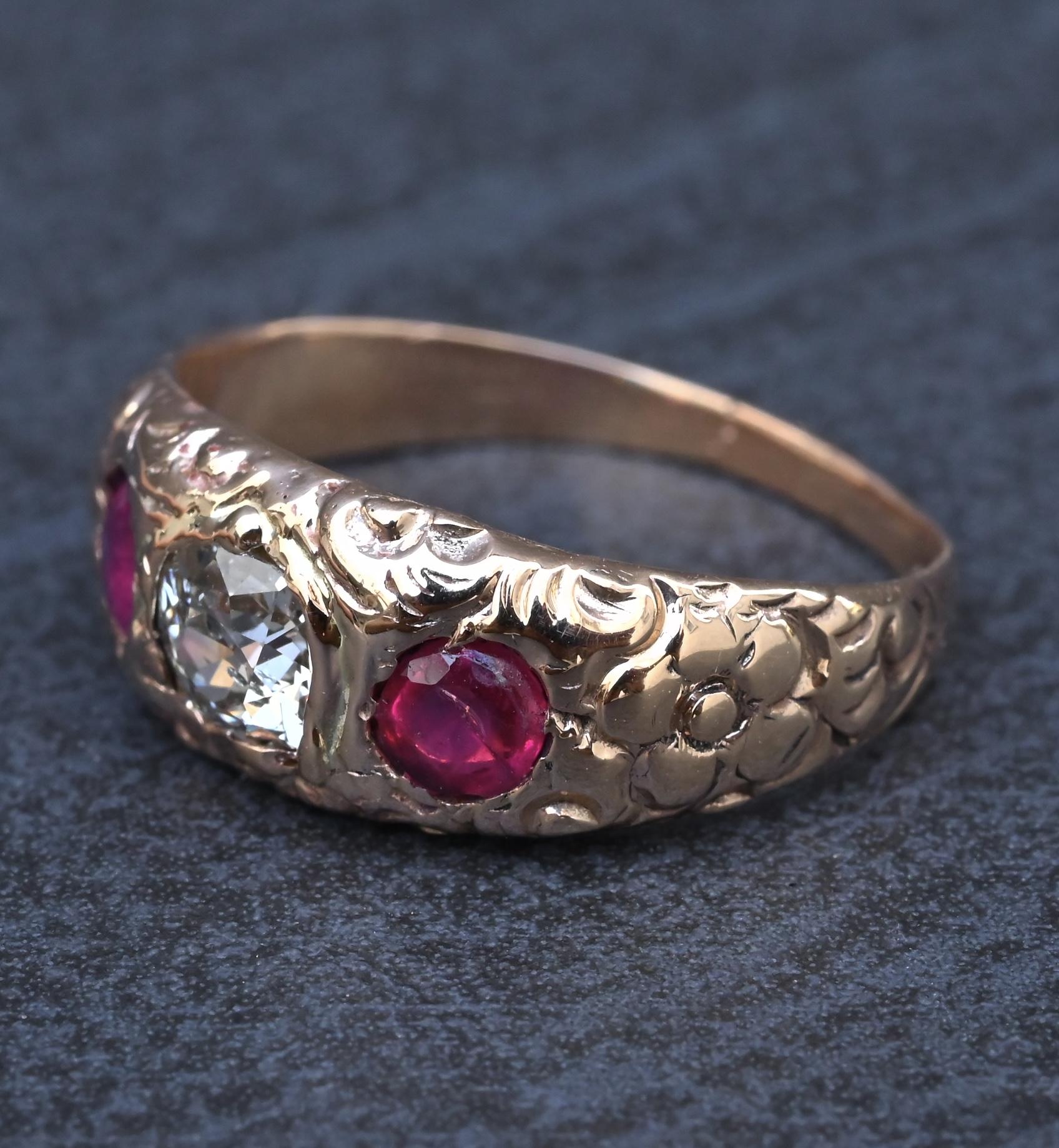 Vintage Art Deco 14K Gold Antique Cut Diamond & Natural Ruby Gypsy Ring Size 7