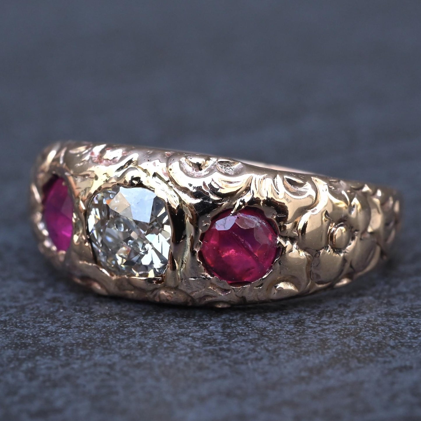 Vintage Art Deco 14K Gold Antique Cut Diamond & Natural Ruby Gypsy Ring Size 7