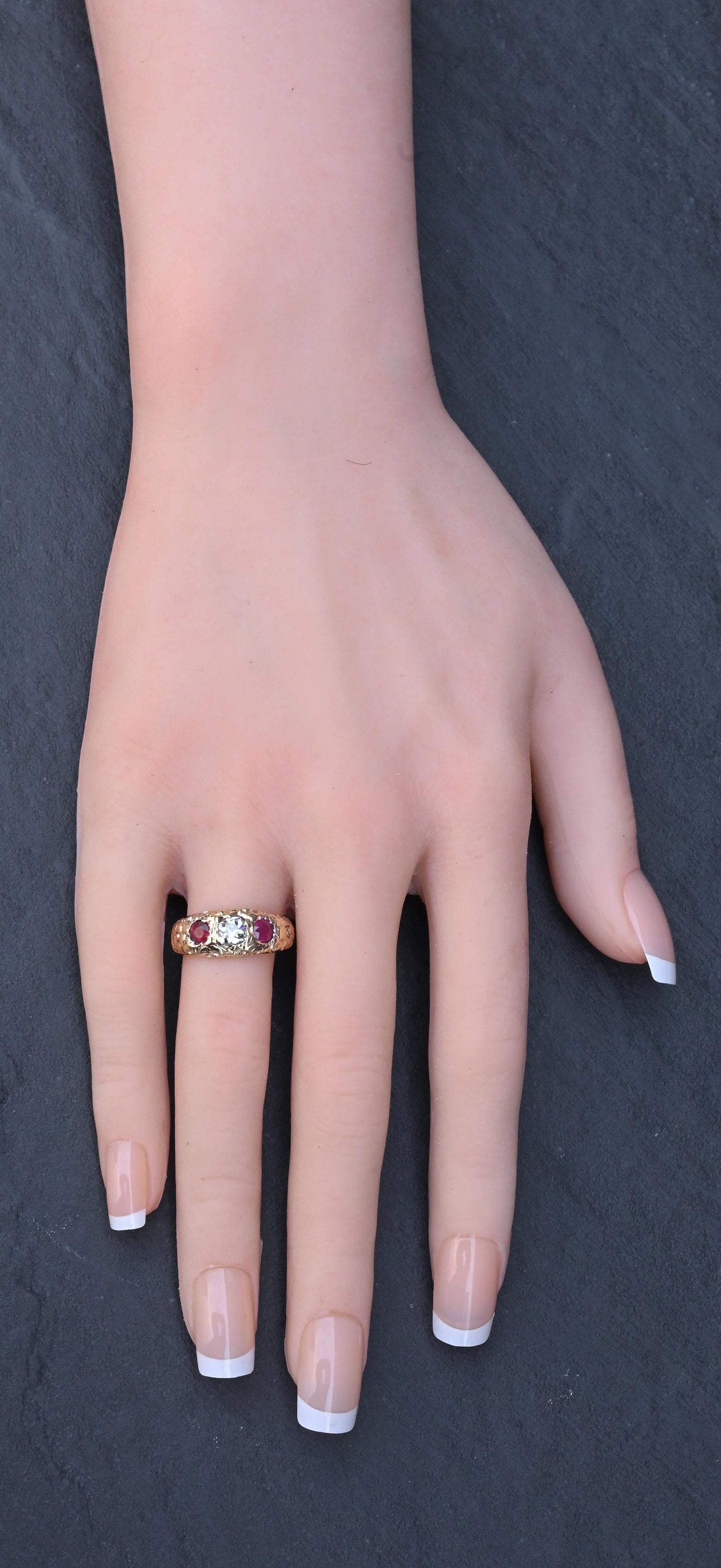 Vintage Art Deco 14K Gold Antique Cut Diamond & Natural Ruby Gypsy Ring Size 7