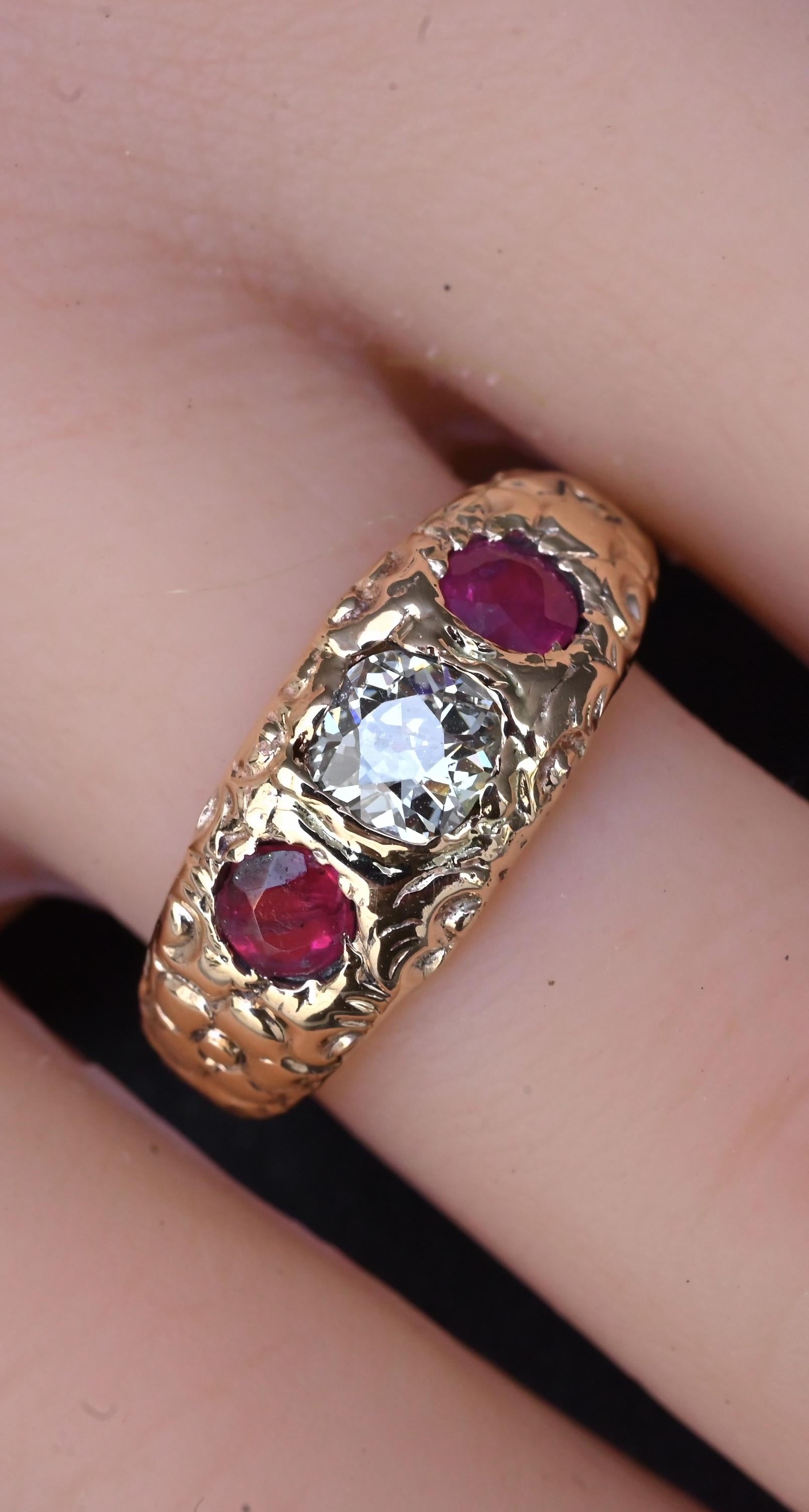 Vintage Art Deco 14K Gold Antique Cut Diamond & Natural Ruby Gypsy Ring Size 7