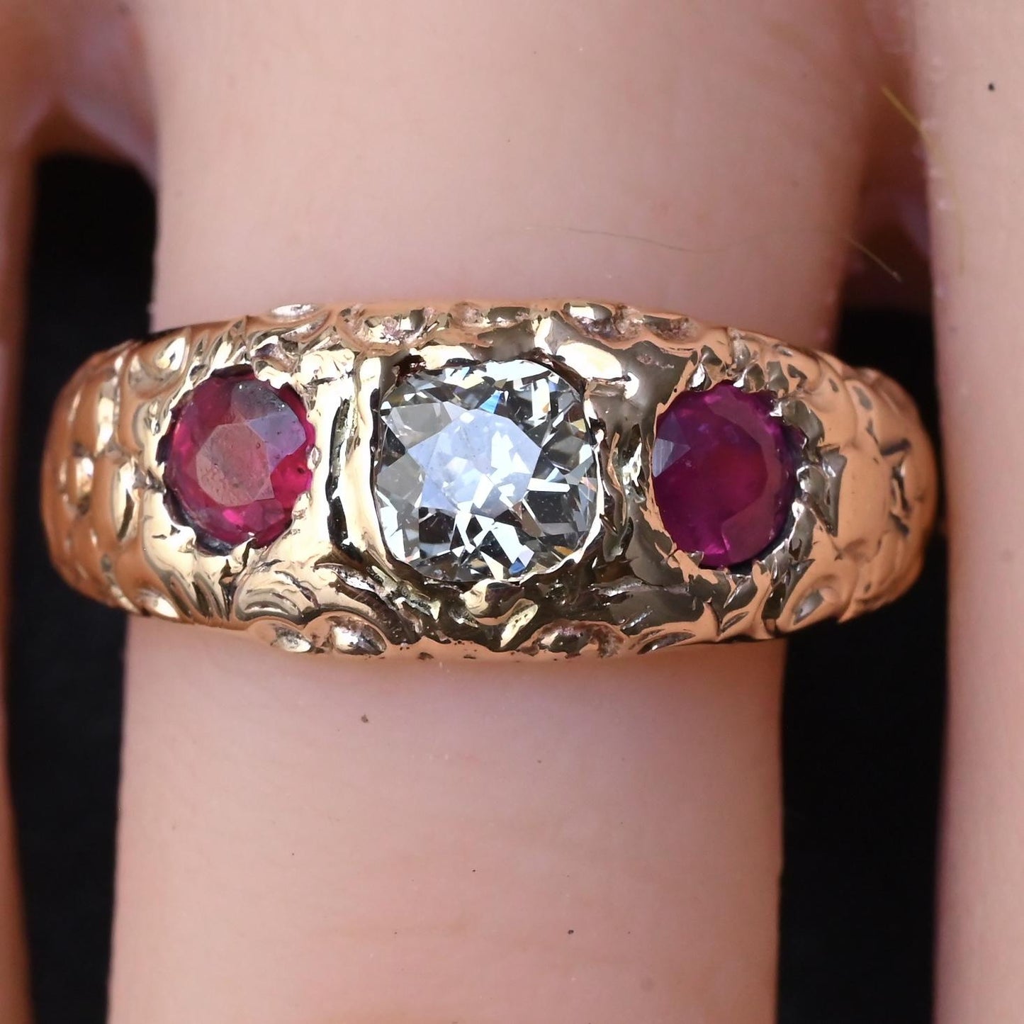 Vintage Art Deco 14K Gold Antique Cut Diamond & Natural Ruby Gypsy Ring Size 7