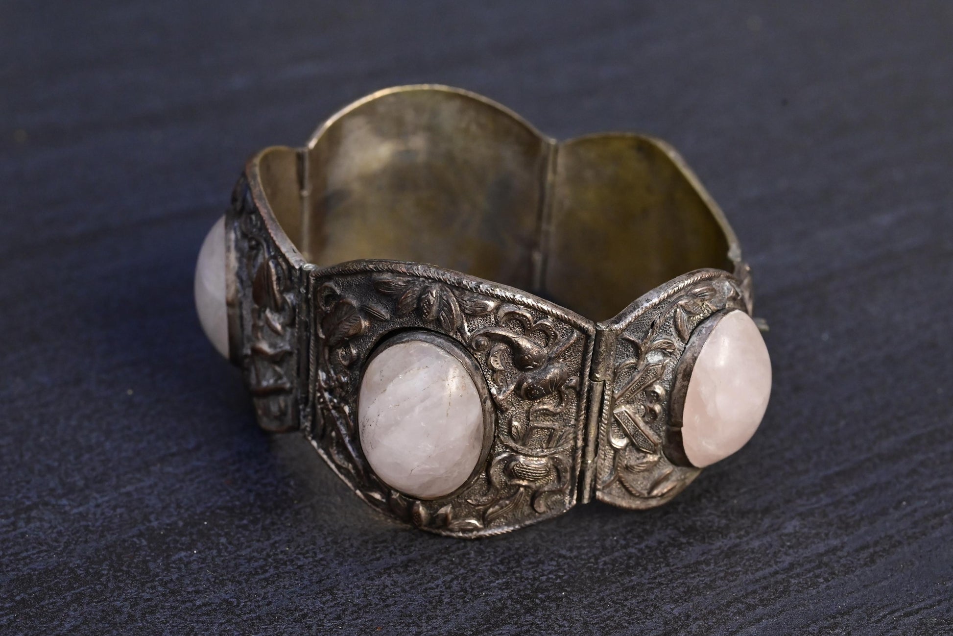Fabulous Chinese Woven Silver Floral Rose Quartz Stone Bracelet