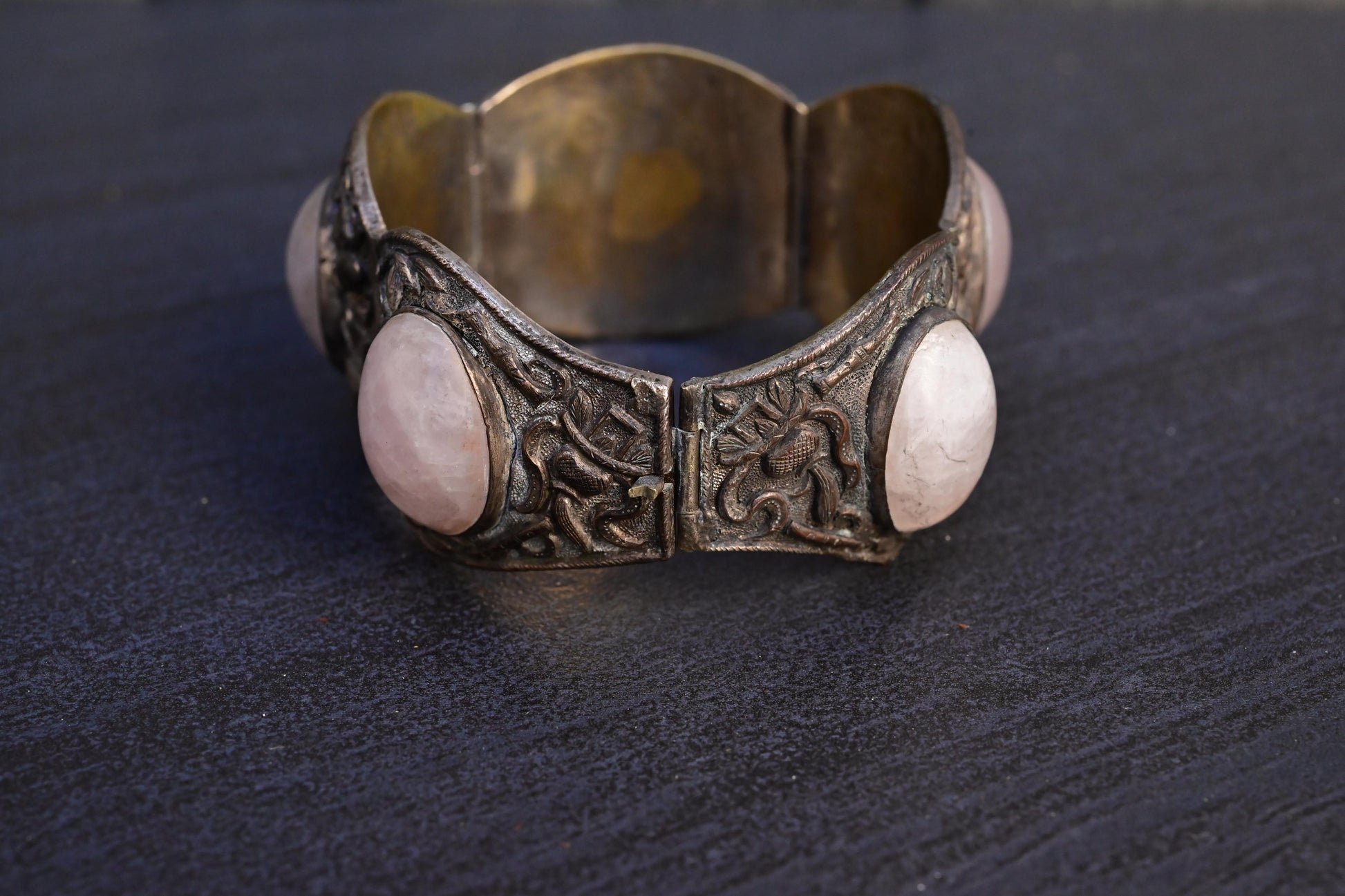 Fabulous Chinese Woven Silver Floral Rose Quartz Stone Bracelet