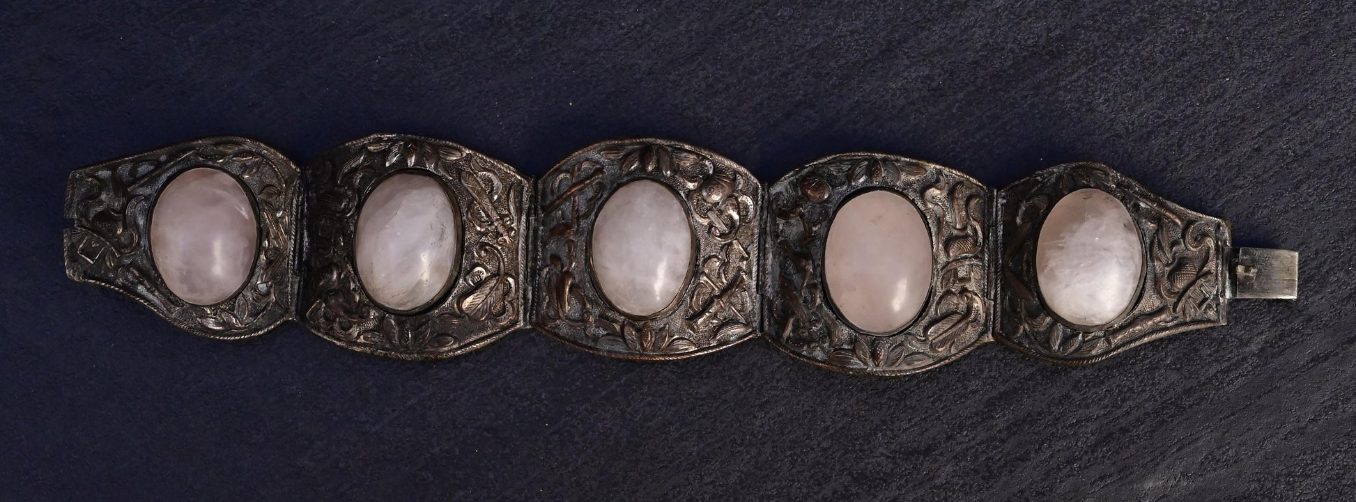 Fabulous Chinese Woven Silver Floral Rose Quartz Stone Bracelet