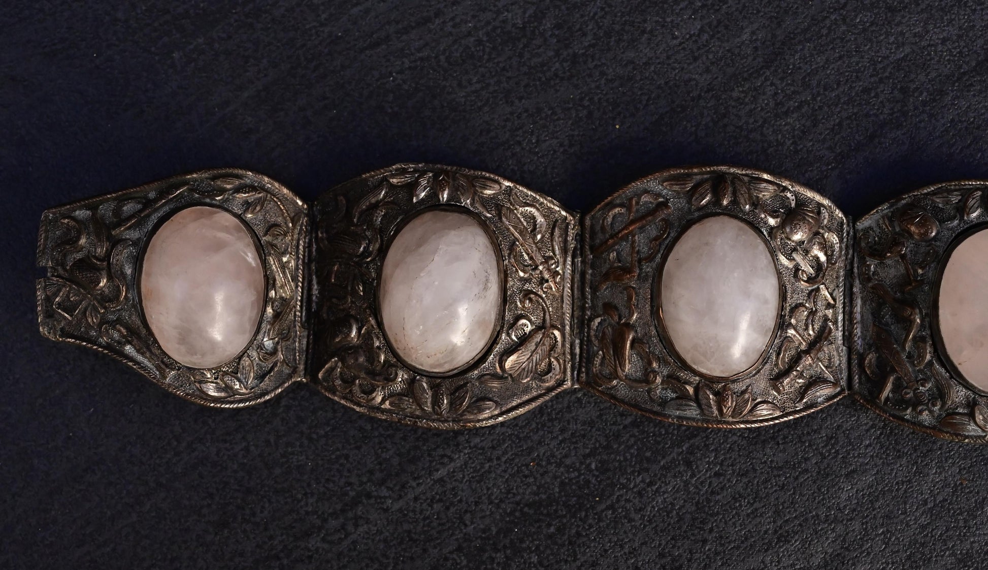 Fabulous Chinese Woven Silver Floral Rose Quartz Stone Bracelet