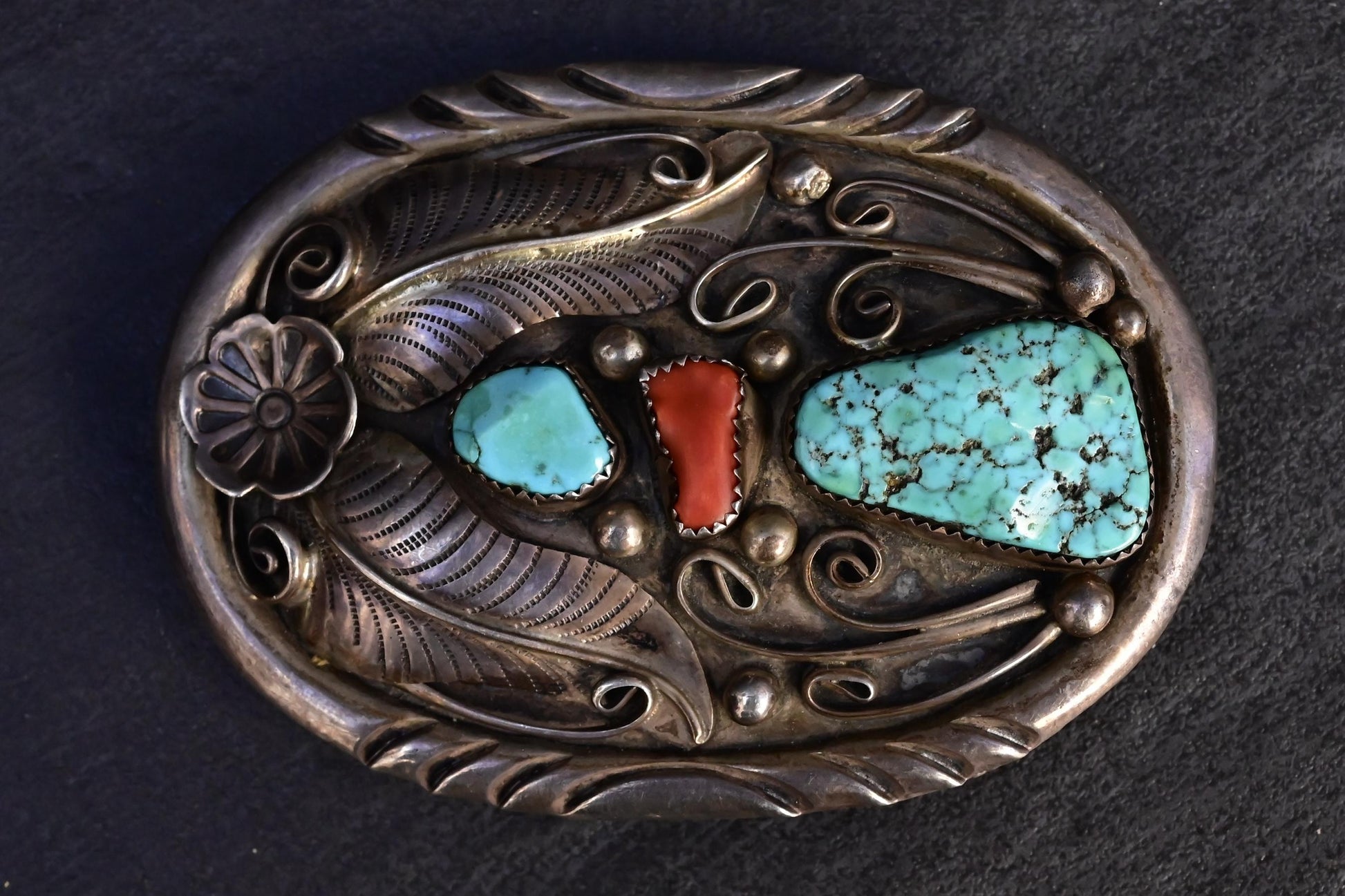 Vintage Navajo Sterling Silver Belt Buckle with Turquoise & Coral – 63.33g