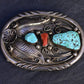 Vintage Navajo Sterling Silver Belt Buckle with Turquoise & Coral – 63.33g