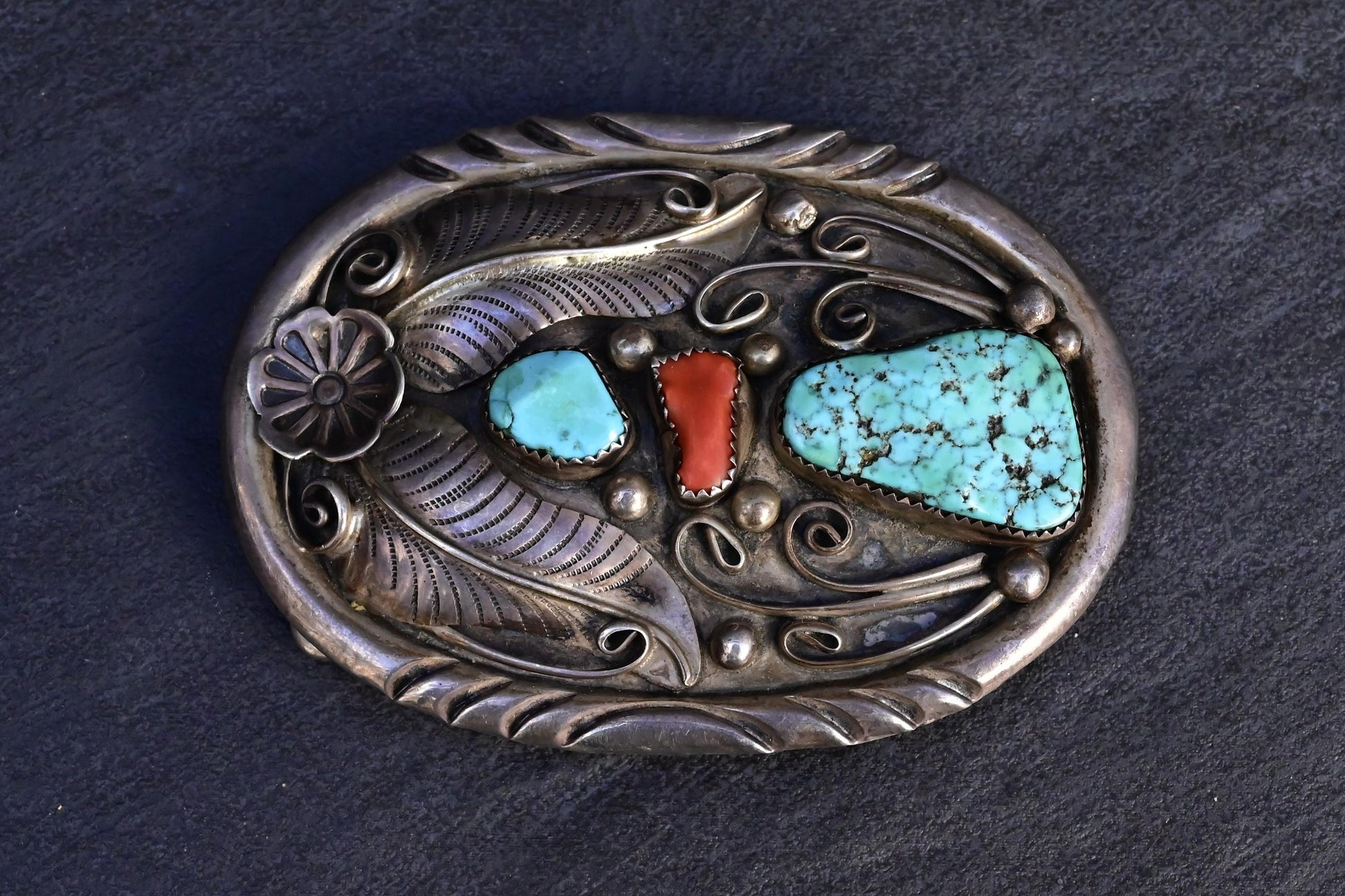 Vintage Navajo Sterling Silver Belt Buckle with Turquoise & Coral – 63.33g