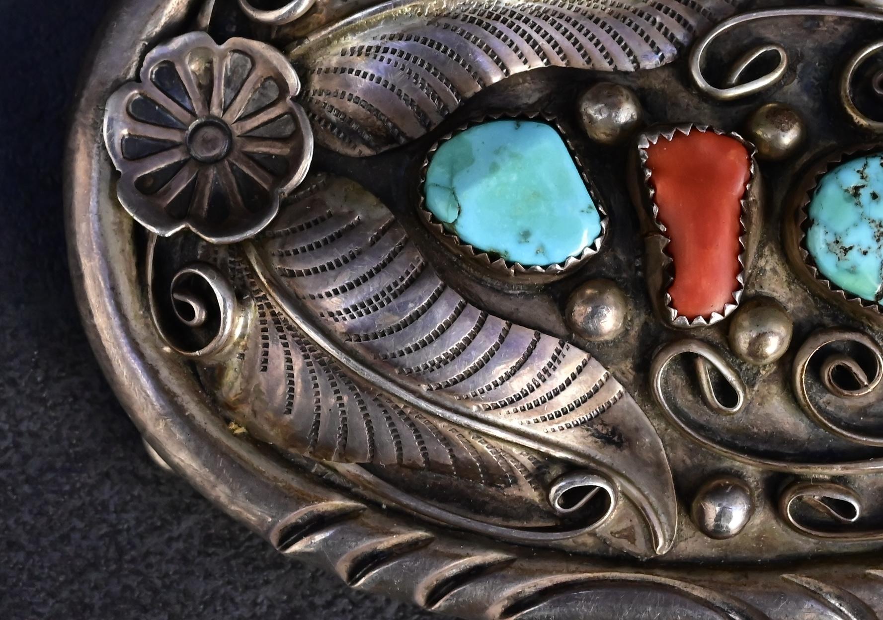 Vintage Navajo Sterling Silver Belt Buckle with Turquoise & Coral – 63.33g
