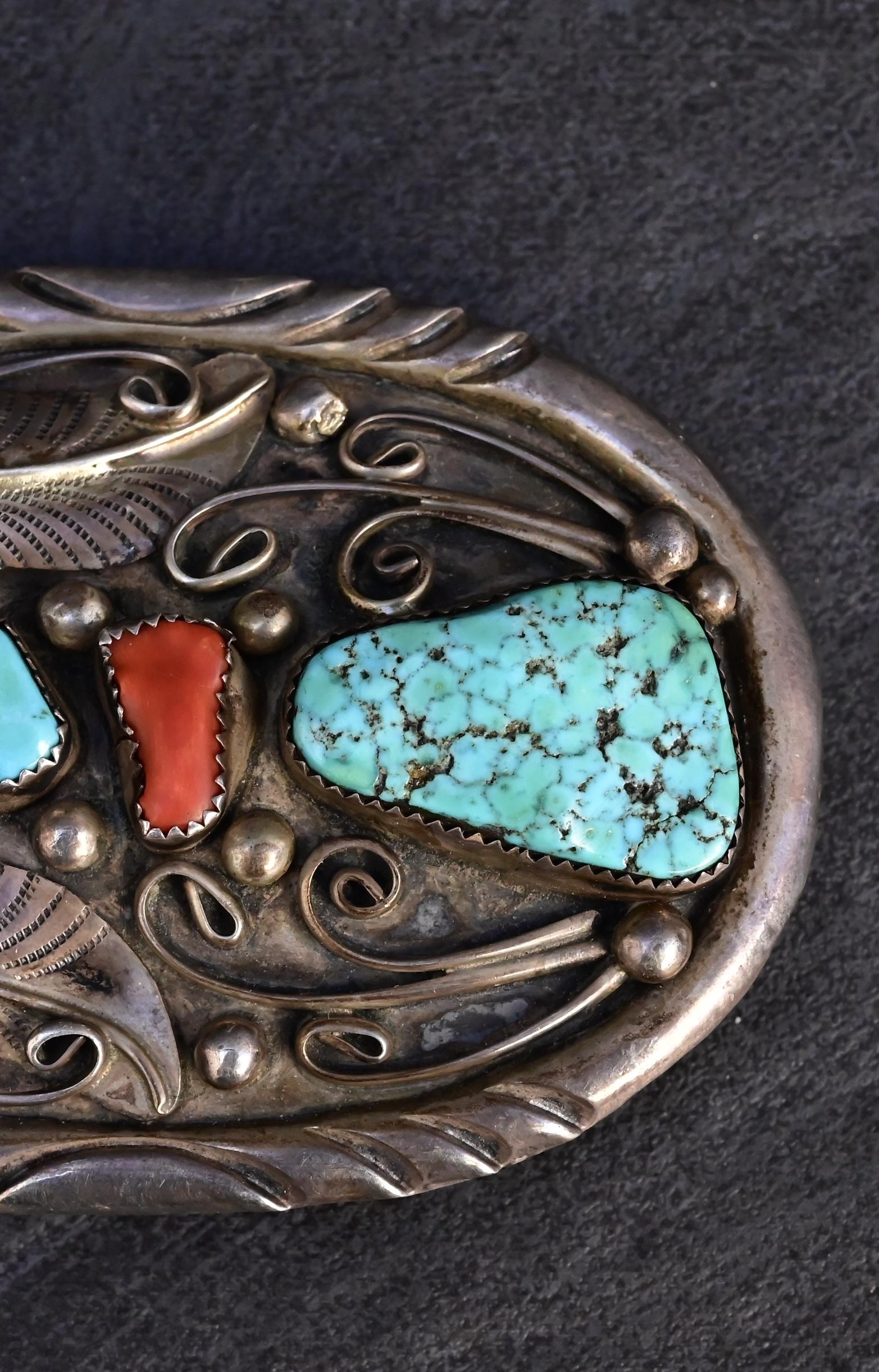 Vintage Navajo Sterling Silver Belt Buckle with Turquoise & Coral – 63.33g