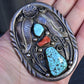 Vintage Navajo Sterling Silver Belt Buckle with Turquoise & Coral – 63.33g