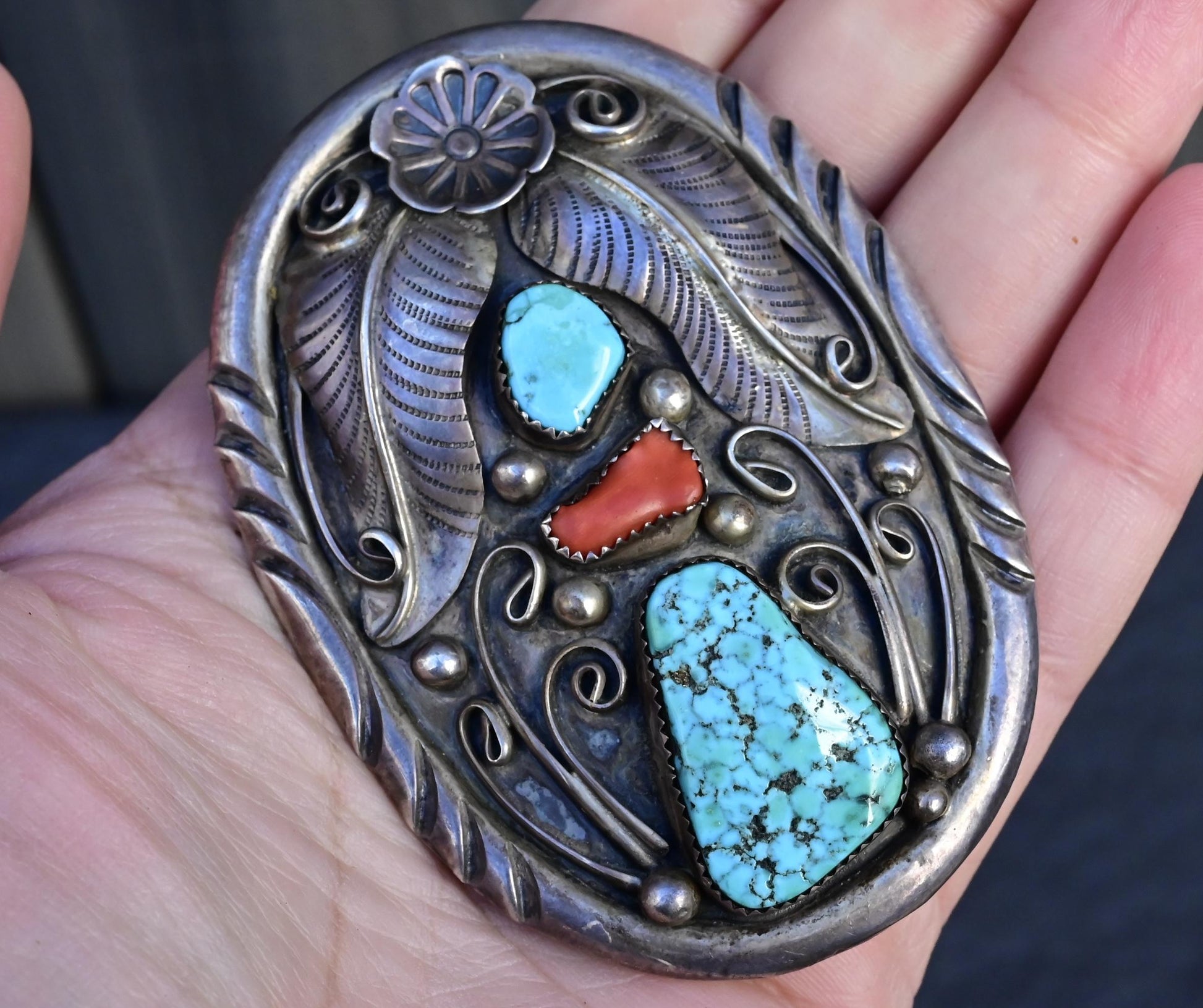 Vintage Navajo Sterling Silver Belt Buckle with Turquoise & Coral – 63.33g
