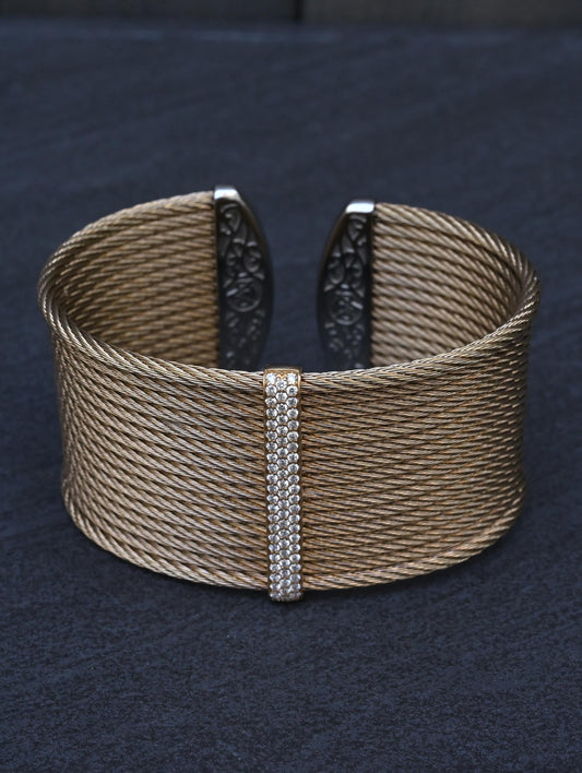 Charriol ALOR 18K Yellow Gold & Stainless Steel Pavé Diamond Wide Cable Cuff