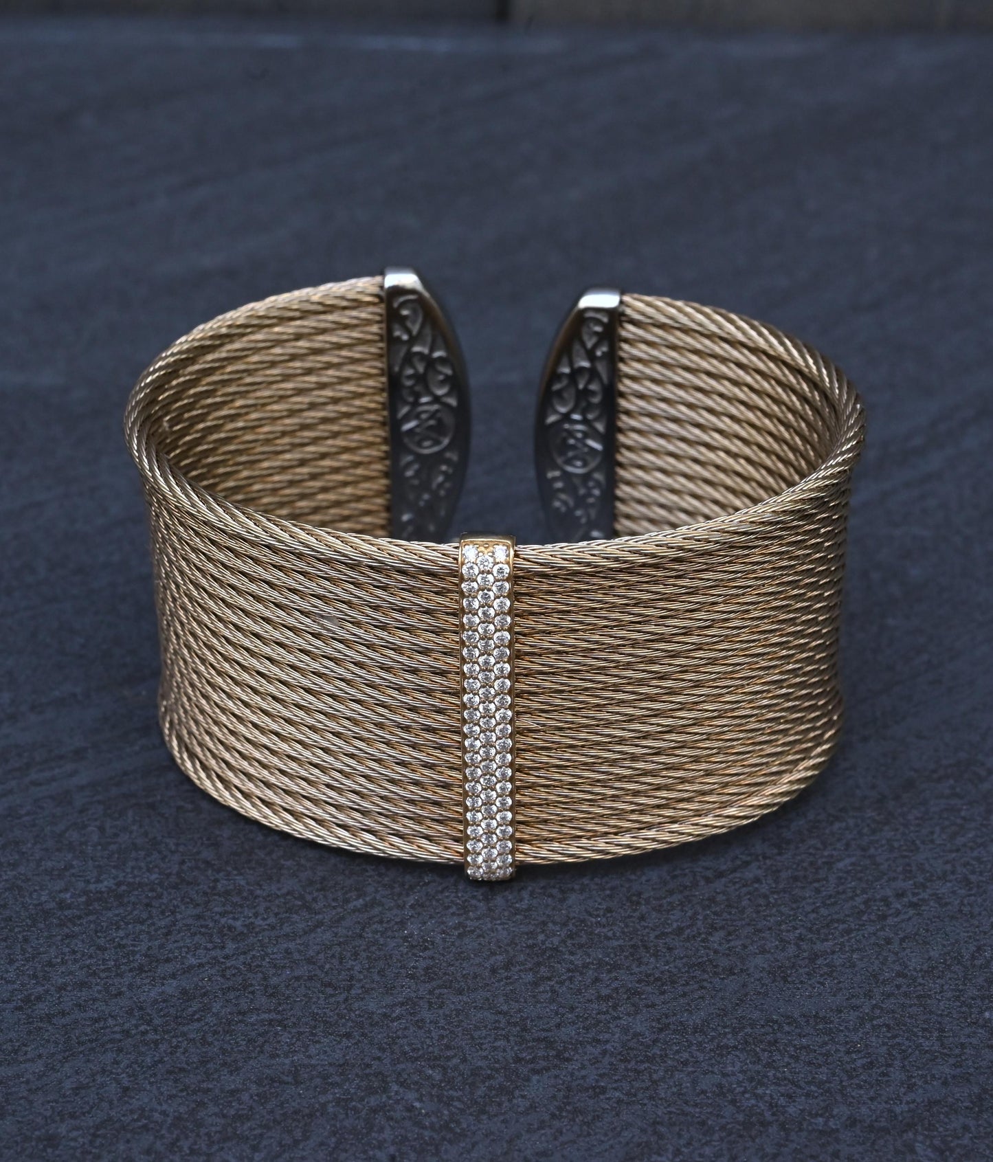 Charriol ALOR 18K Yellow Gold & Stainless Steel Pavé Diamond Wide Cable Cuff