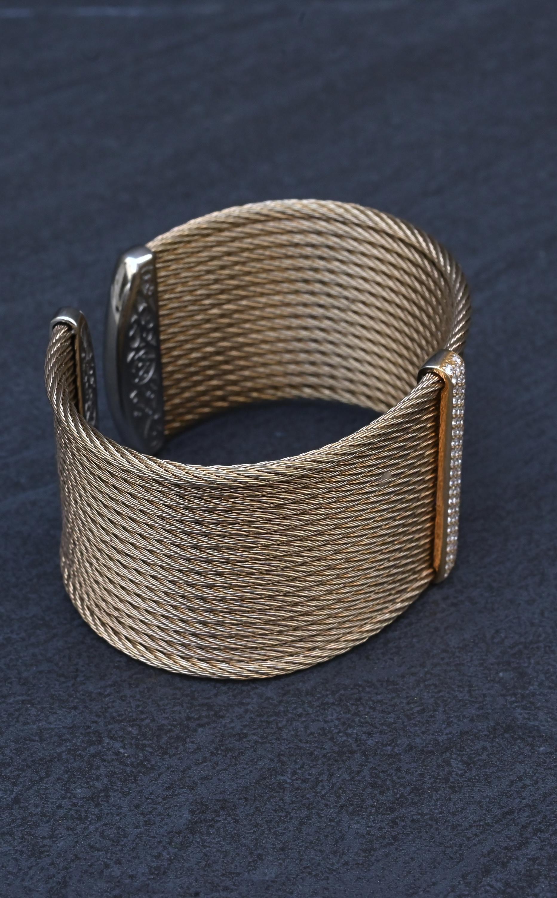 Charriol ALOR 18K Yellow Gold & Stainless Steel Pavé Diamond Wide Cable Cuff