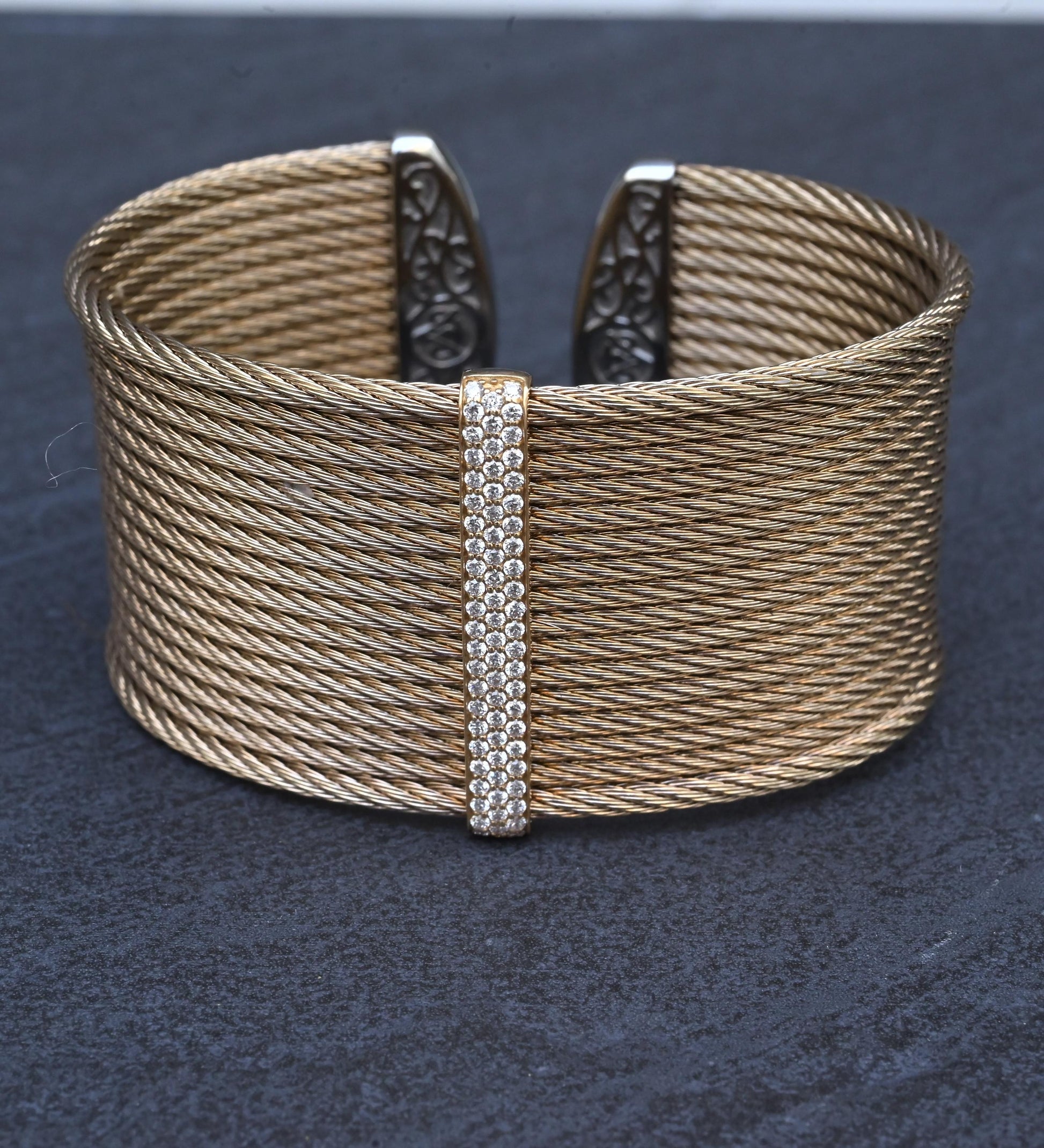 Charriol ALOR 18K Yellow Gold & Stainless Steel Pavé Diamond Wide Cable Cuff