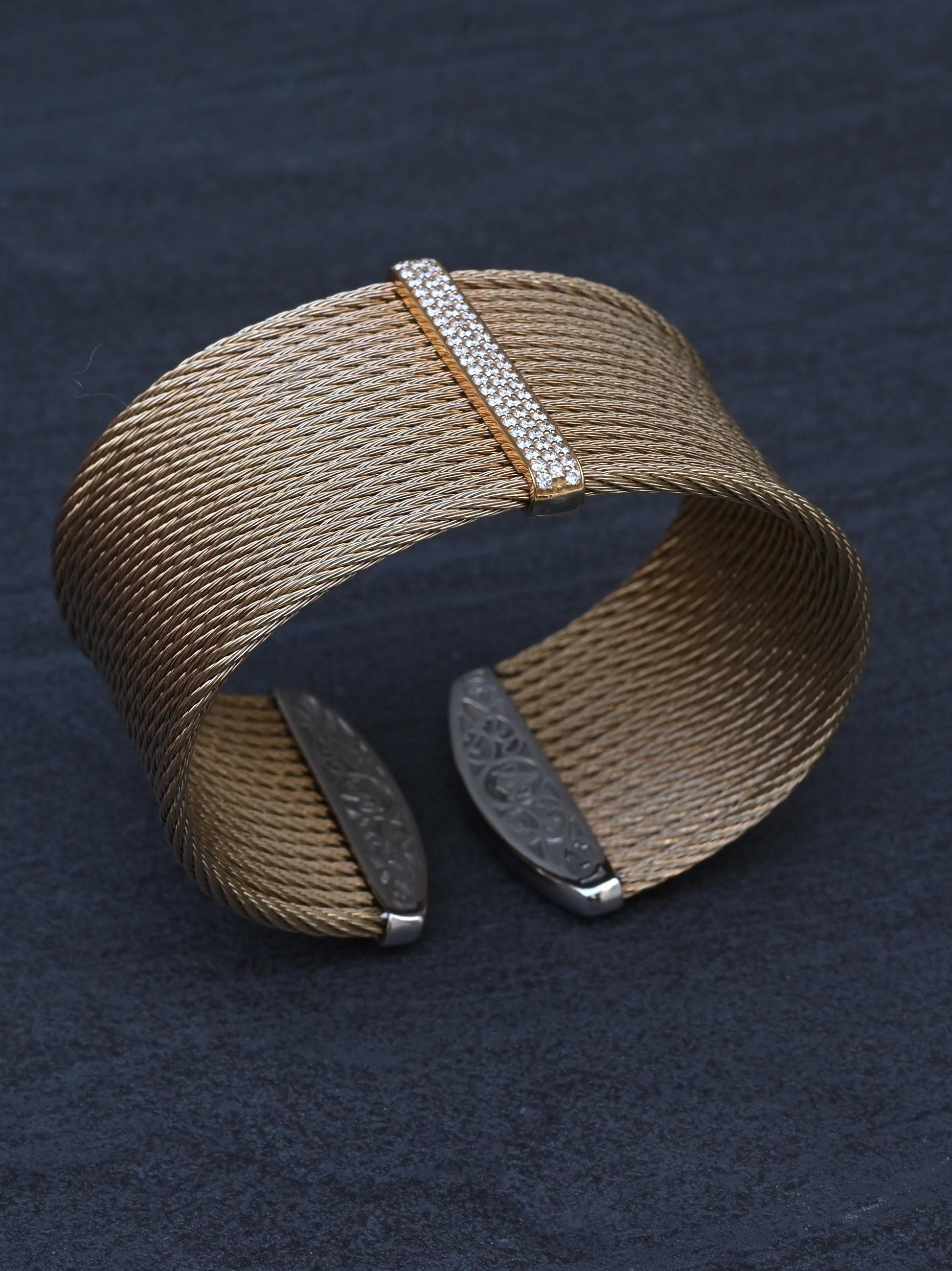 Charriol ALOR 18K Yellow Gold & Stainless Steel Pavé Diamond Wide Cable Cuff