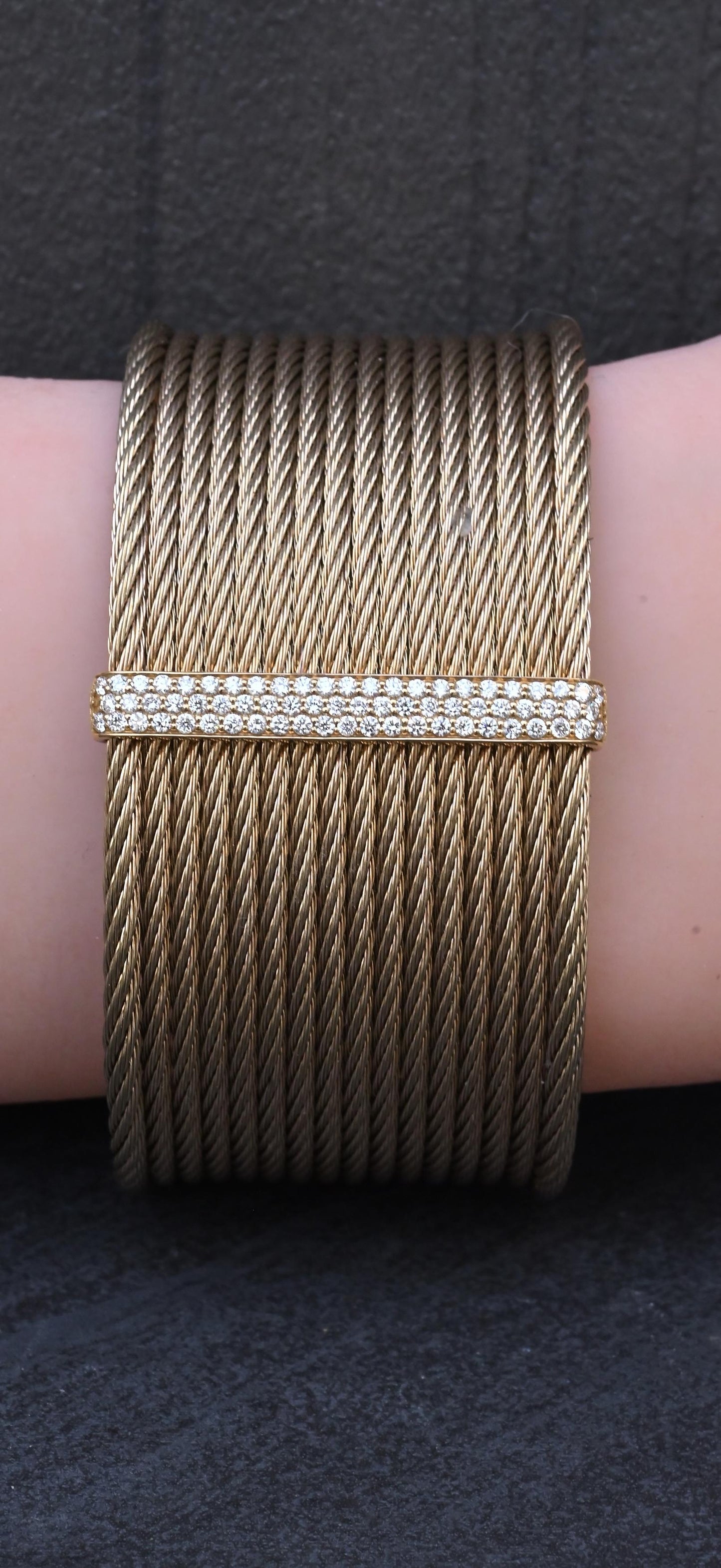 Charriol ALOR 18K Yellow Gold & Stainless Steel Pavé Diamond Wide Cable Cuff