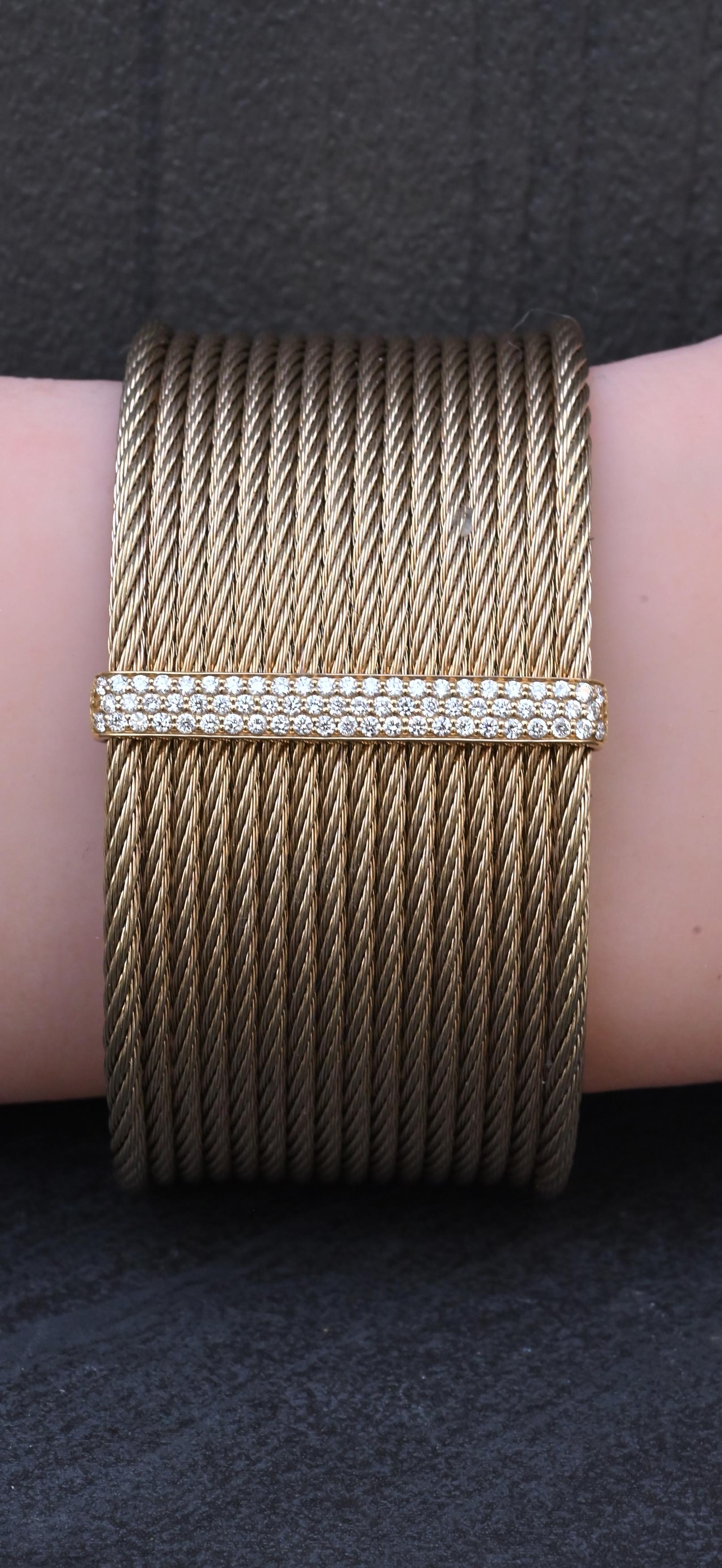 Charriol ALOR 18K Yellow Gold & Stainless Steel Pavé Diamond Wide Cable Cuff