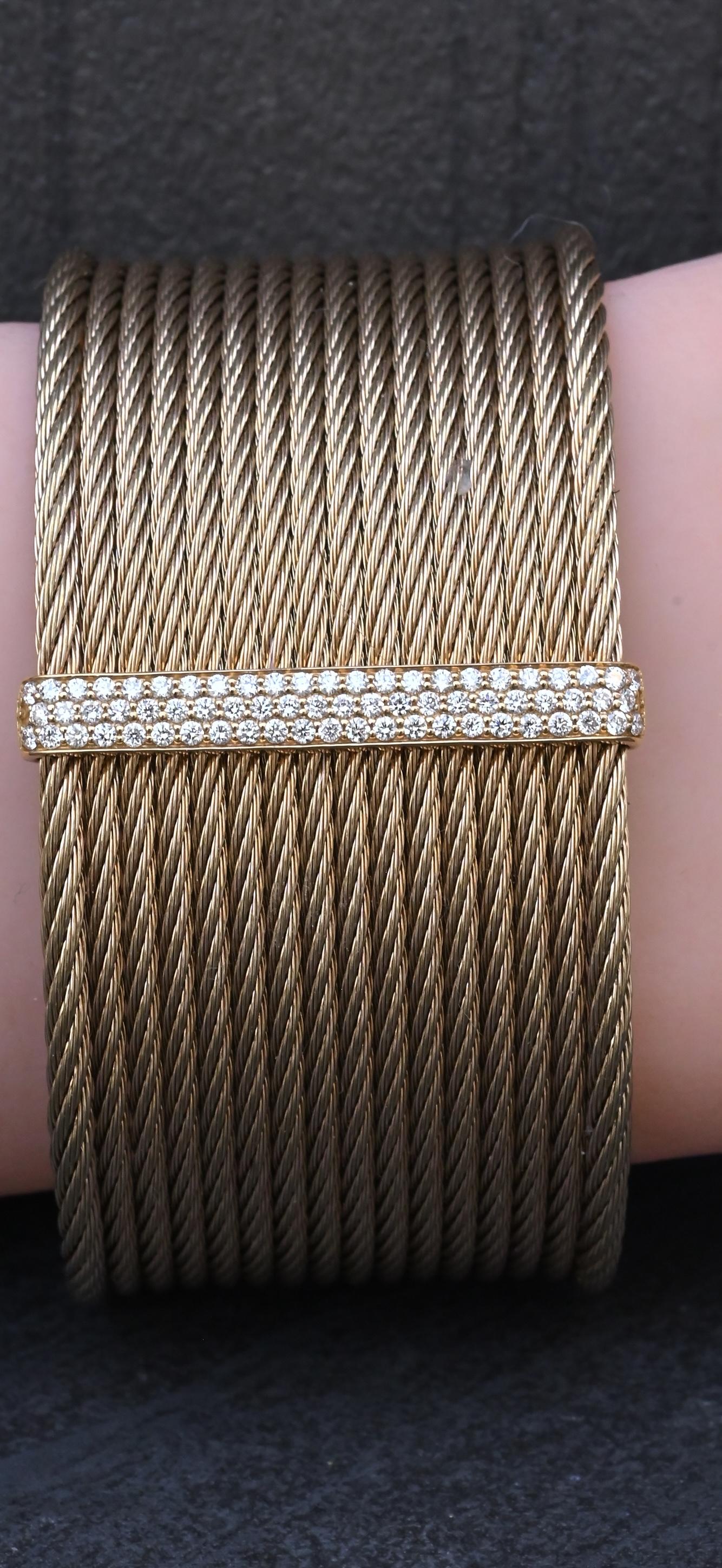 Charriol ALOR 18K Yellow Gold & Stainless Steel Pavé Diamond Wide Cable Cuff