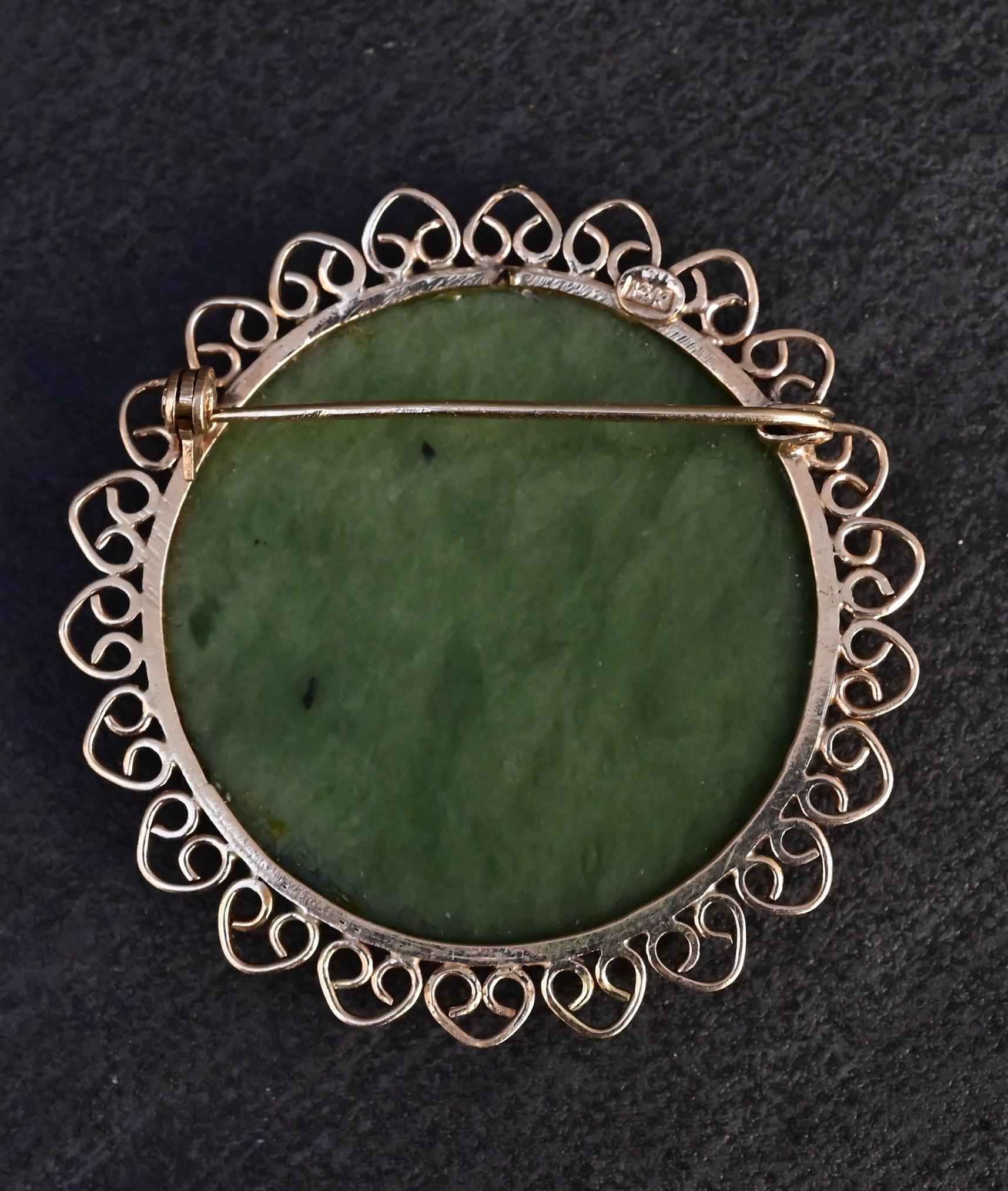 Vintage Green Jade & 14K Gold Filigree Pendant Brooch