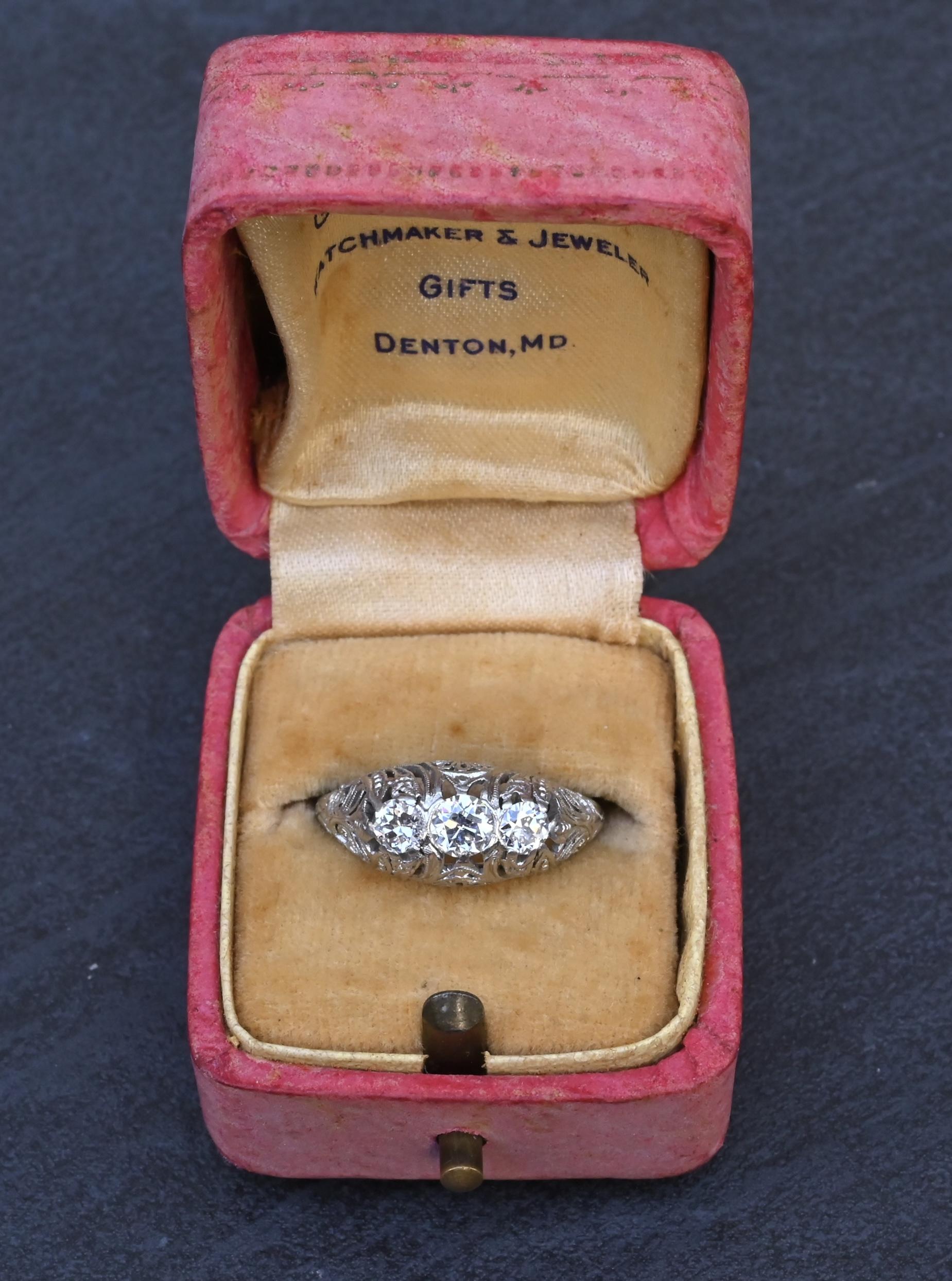 IGI Cert Art Deco Platinum 3 Three Stone Diamond Filigree Ring 0.60 CTW Size 5