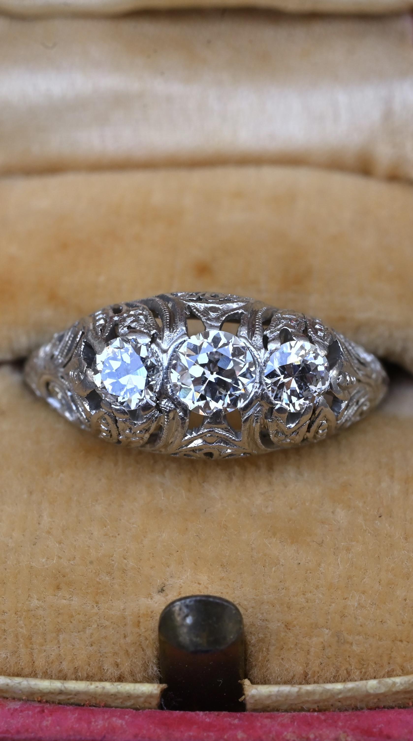 IGI Cert Art Deco Platinum 3 Three Stone Diamond Filigree Ring 0.60 CTW Size 5