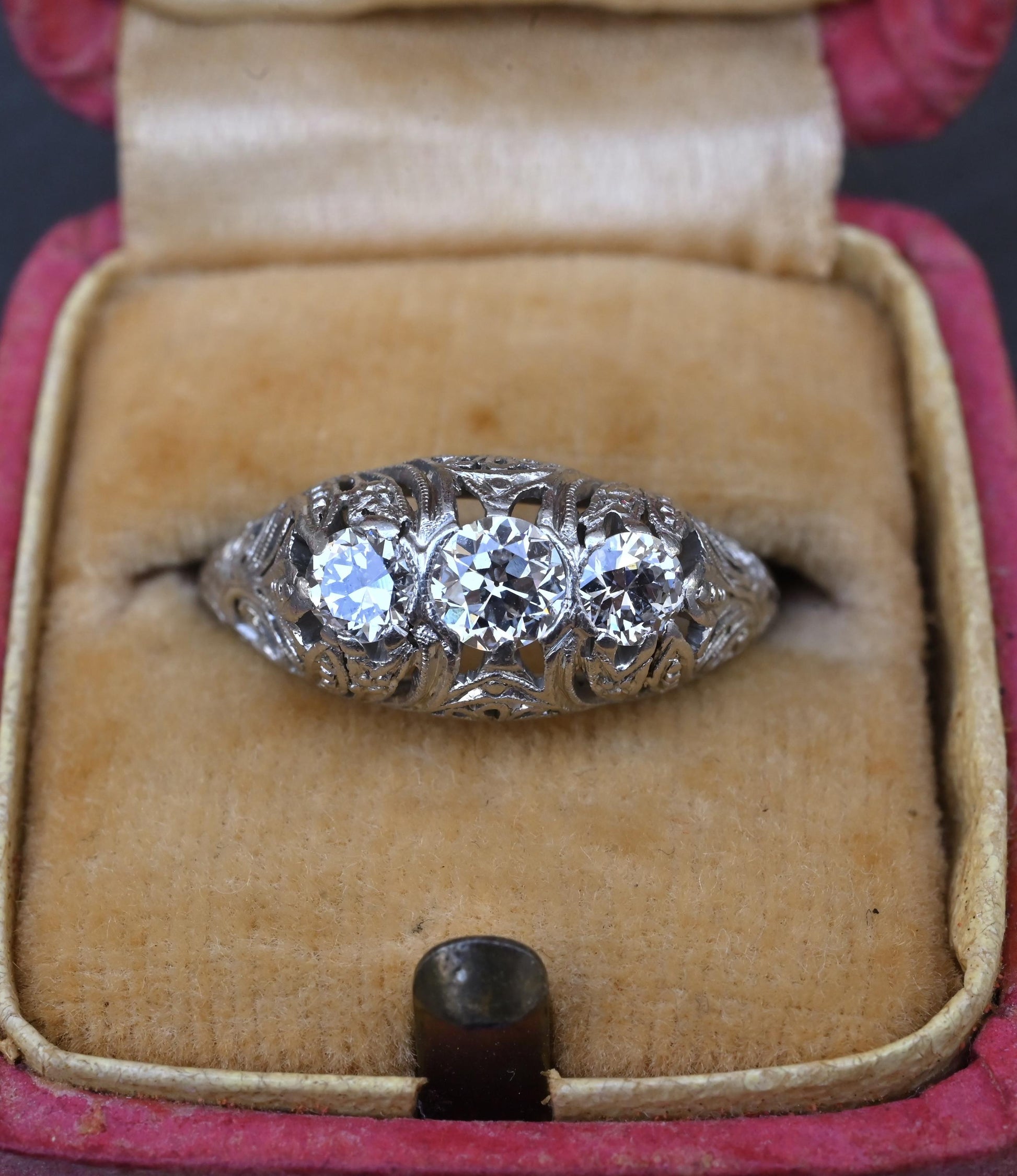 IGI Cert Art Deco Platinum 3 Three Stone Diamond Filigree Ring 0.60 CTW Size 5