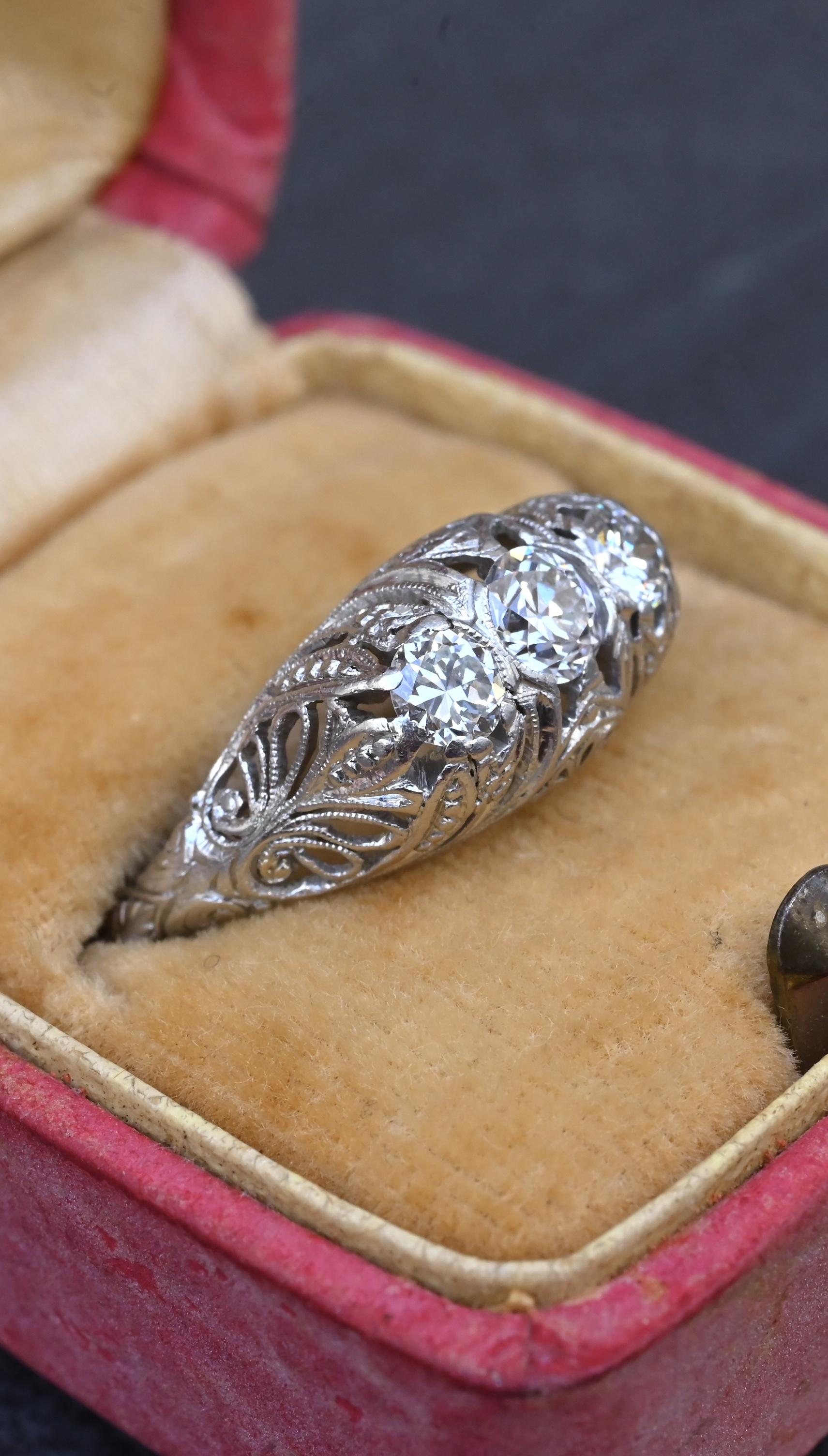 IGI Cert Art Deco Platinum 3 Three Stone Diamond Filigree Ring 0.60 CTW Size 5