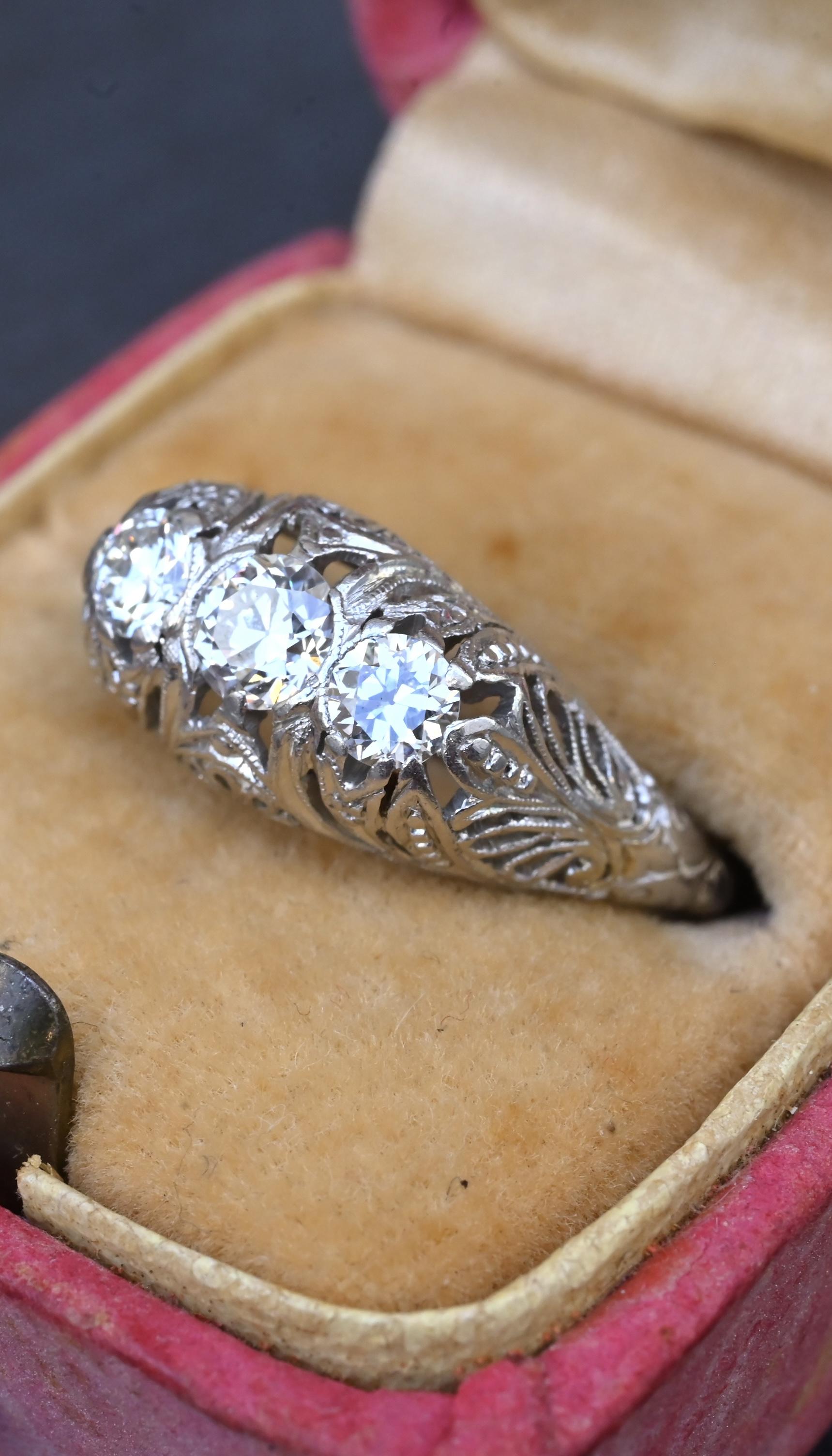 IGI Cert Art Deco Platinum 3 Three Stone Diamond Filigree Ring 0.60 CTW Size 5