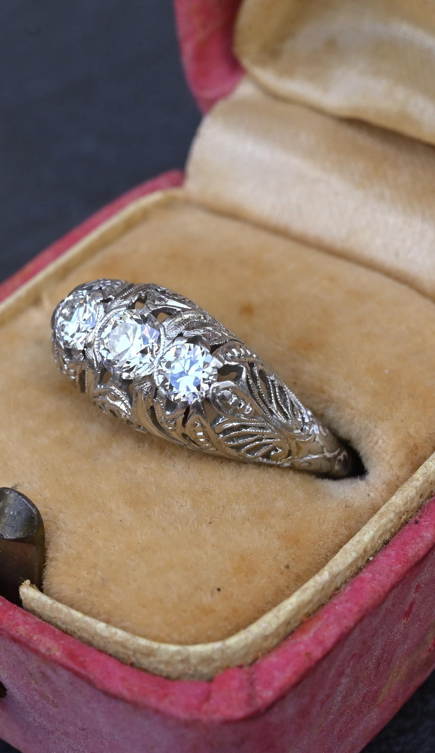 IGI Cert Art Deco Platinum 3 Three Stone Diamond Filigree Ring 0.60 CTW Size 5