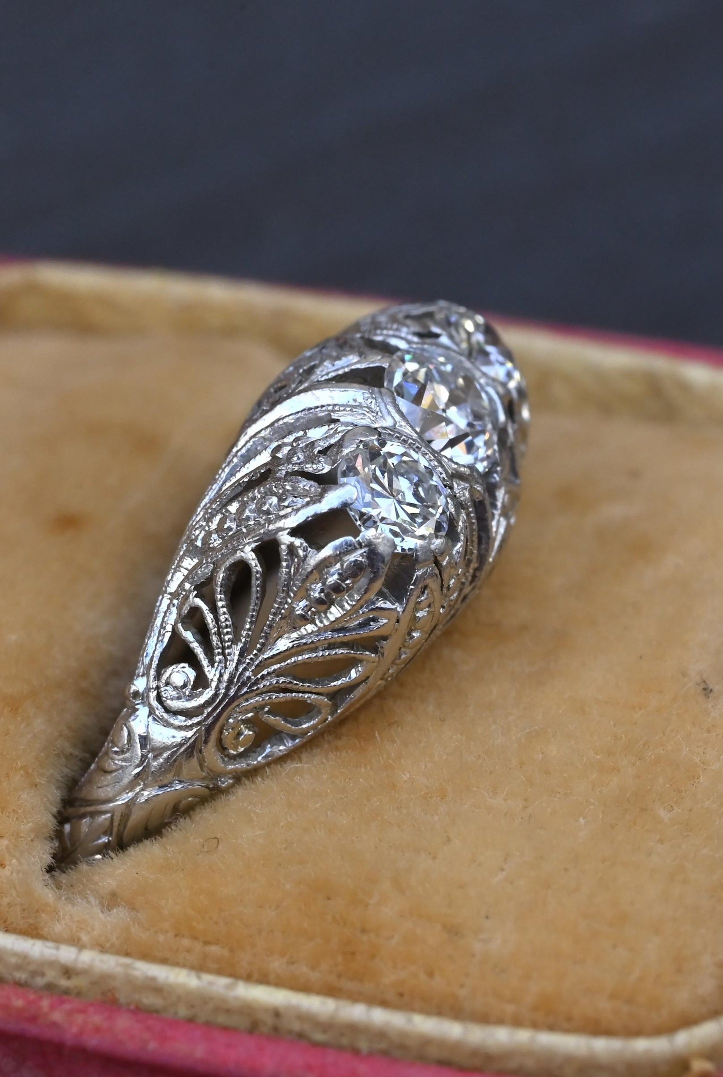 IGI Cert Art Deco Platinum 3 Three Stone Diamond Filigree Ring 0.60 CTW Size 5