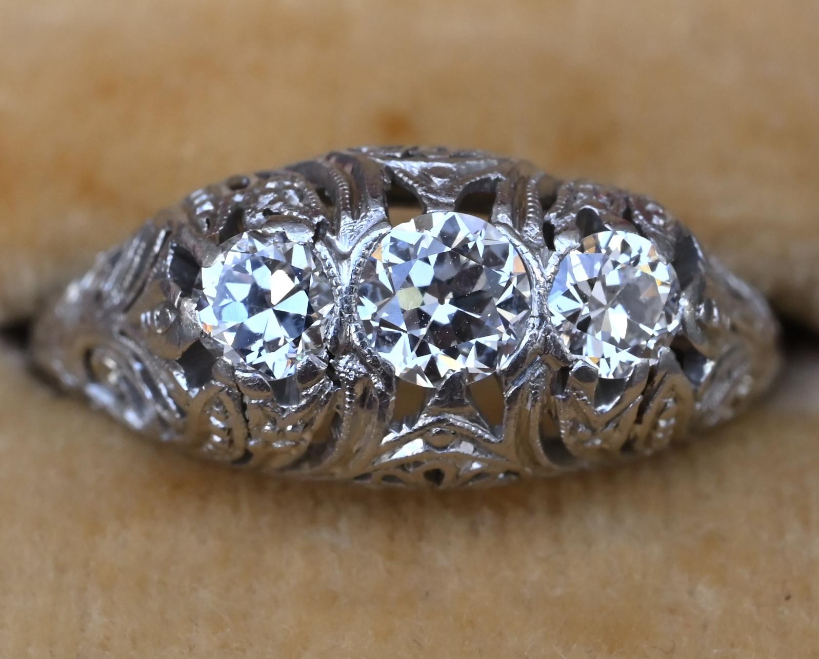 IGI Cert Art Deco Platinum 3 Three Stone Diamond Filigree Ring 0.60 CTW Size 5