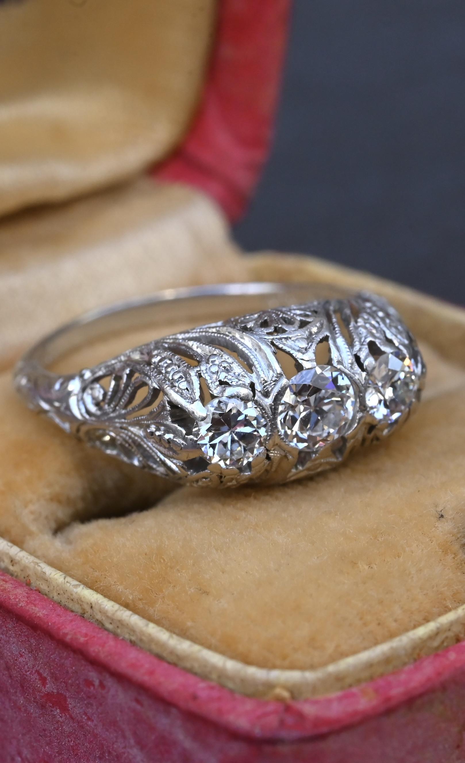 IGI Cert Art Deco Platinum 3 Three Stone Diamond Filigree Ring 0.60 CTW Size 5