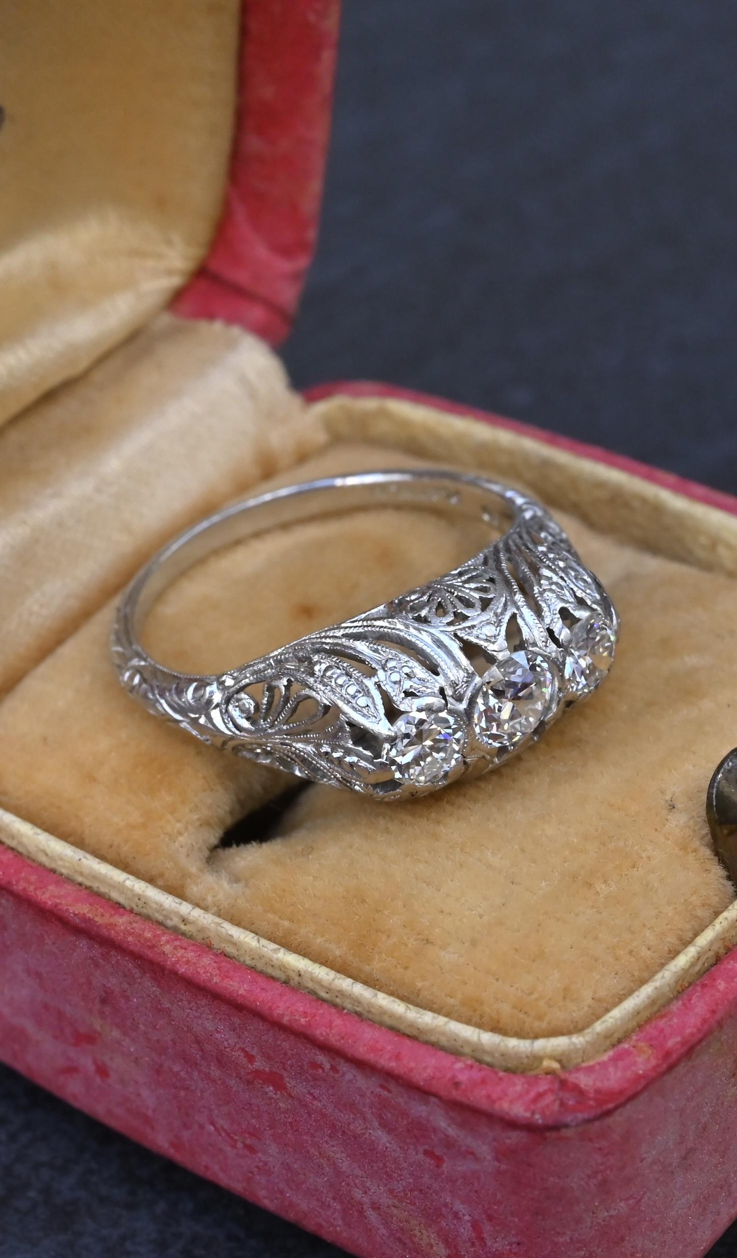 IGI Cert Art Deco Platinum 3 Three Stone Diamond Filigree Ring 0.60 CTW Size 5