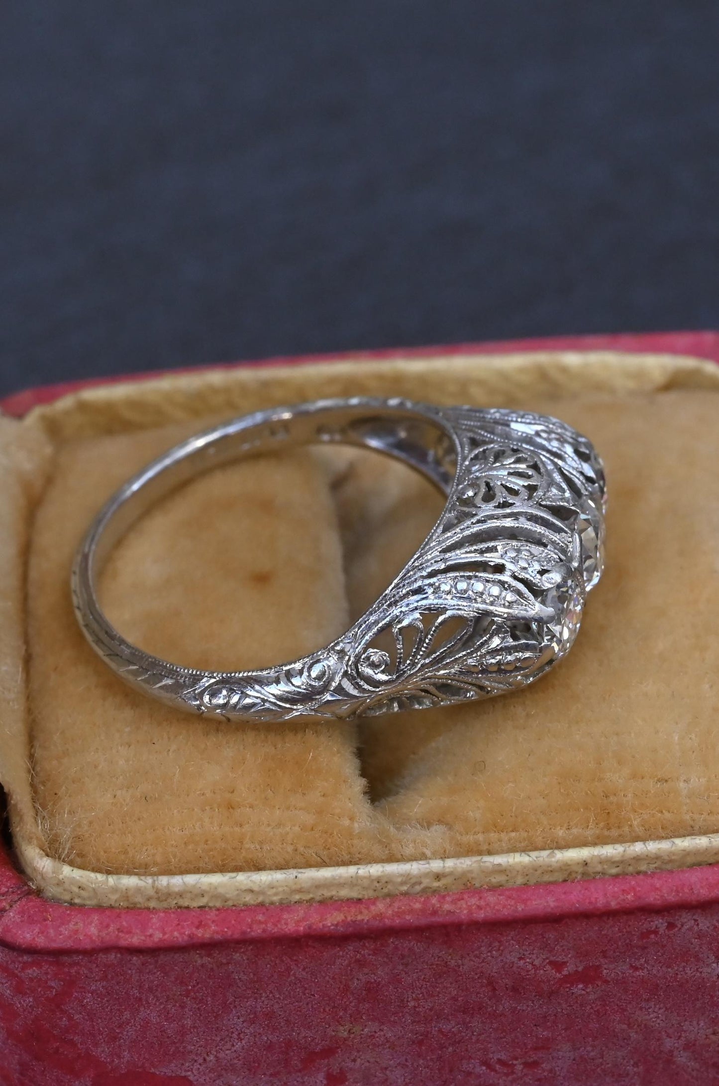 IGI Cert Art Deco Platinum 3 Three Stone Diamond Filigree Ring 0.60 CTW Size 5