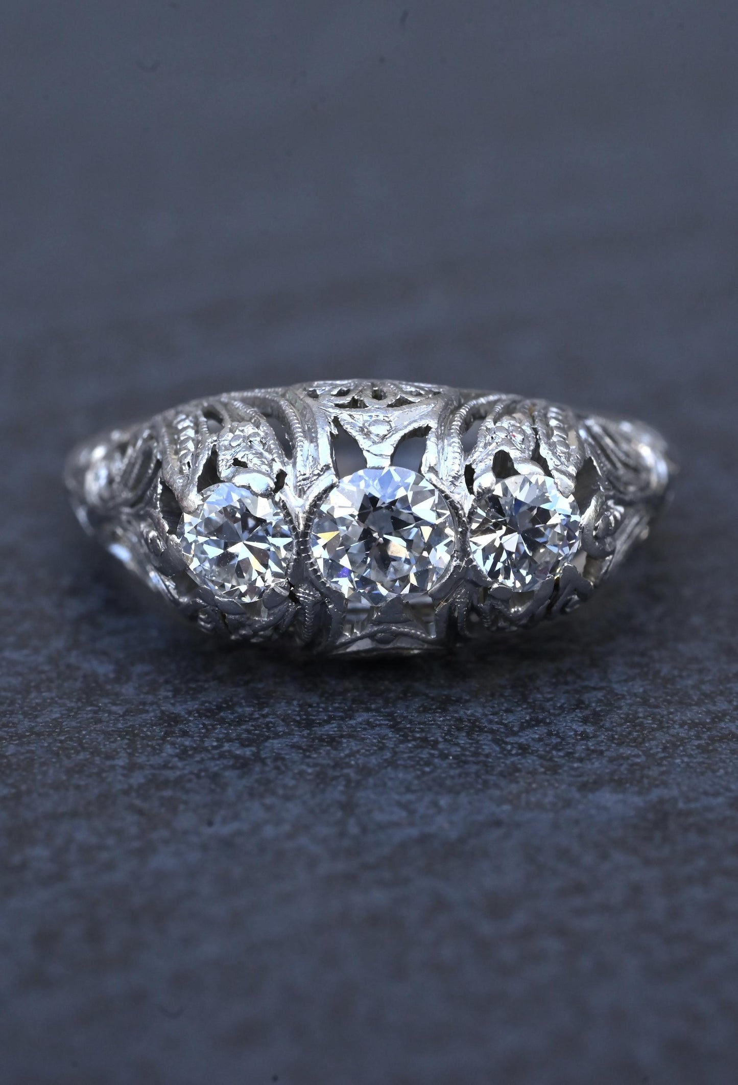 IGI Cert Art Deco Platinum 3 Three Stone Diamond Filigree Ring 0.60 CTW Size 5